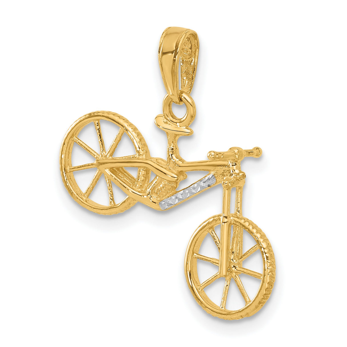 14k Multi-Tone Gold Bicycle Pendant with Rhodium Accents, 3D Cyclist Charm for Unisex Wear