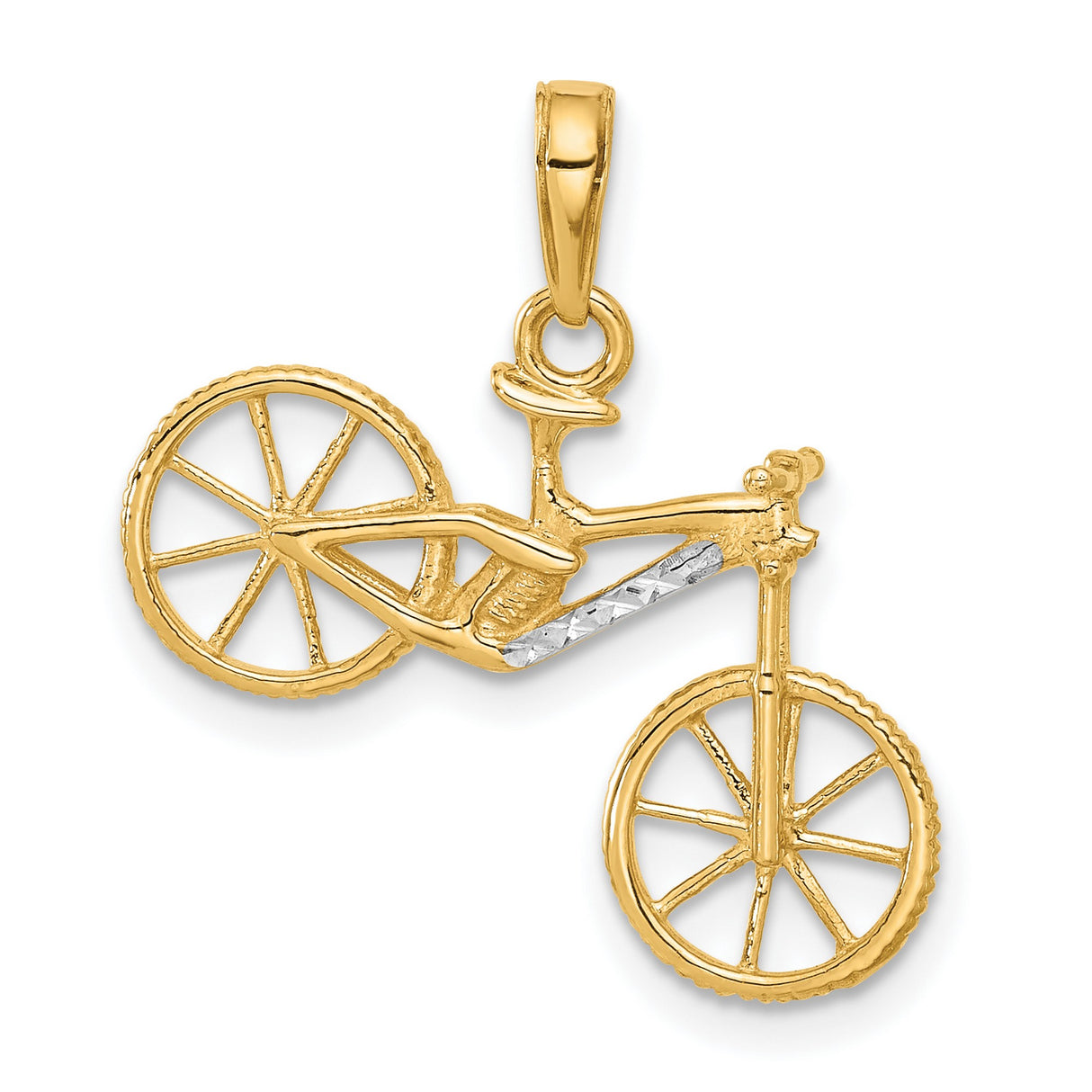 14k Multi-Tone Gold Bicycle Pendant with Rhodium Accents, 3D Cyclist Charm for Unisex Wear