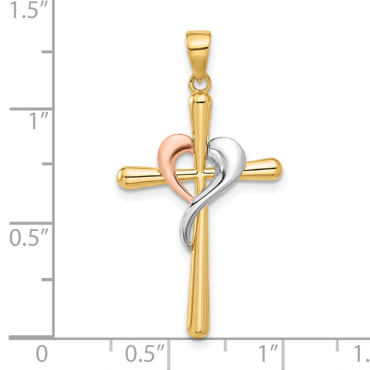 14k Tricolor Gold Cross Pendant with Heart Accent, Religious Jewelry for Men and Women