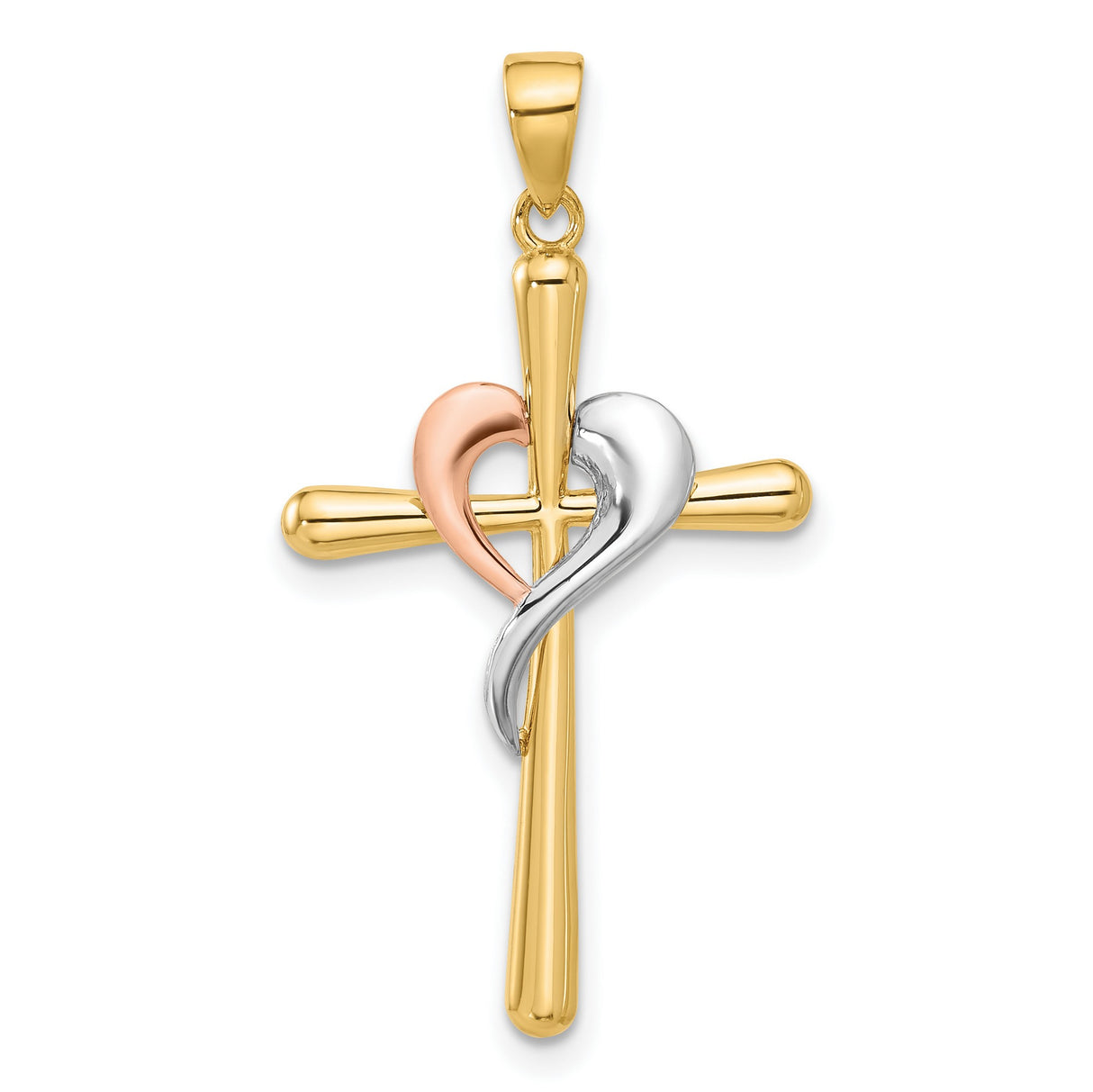 14k Tricolor Gold Cross Pendant with Heart Accent, Religious Jewelry for Men and Women