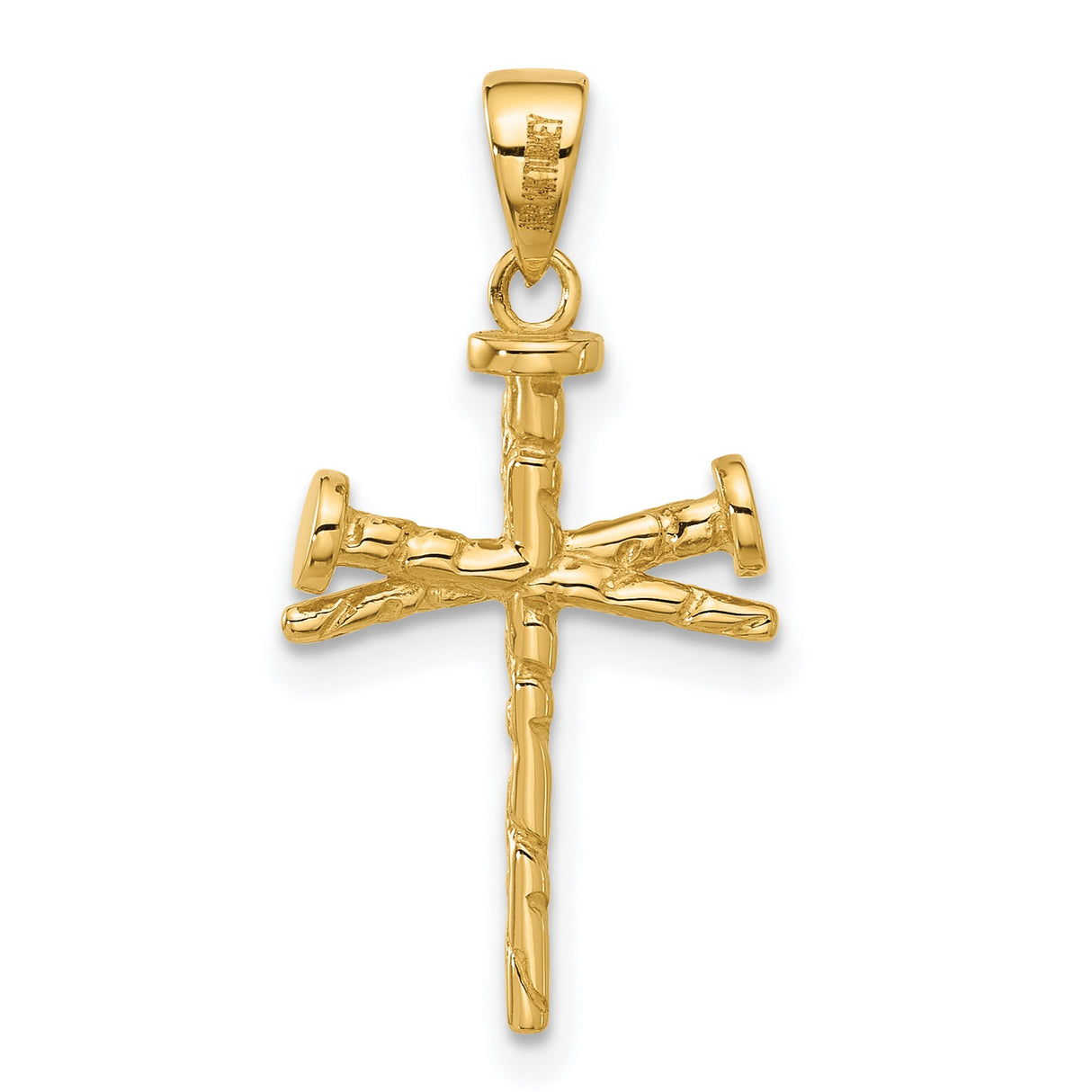 14k Yellow Gold Nail Cross Pendant with Textured Details, Rugged Religious Symbol for Men and Women
