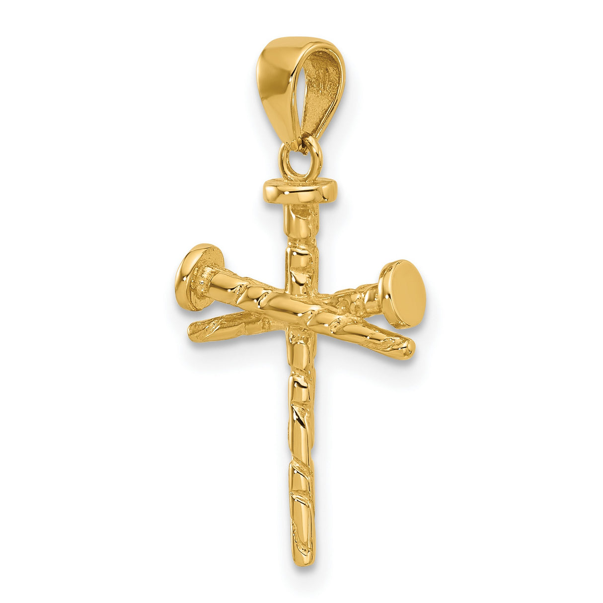 14k Yellow Gold Nail Cross Pendant with Textured Details, Rugged Religious Symbol for Men and Women