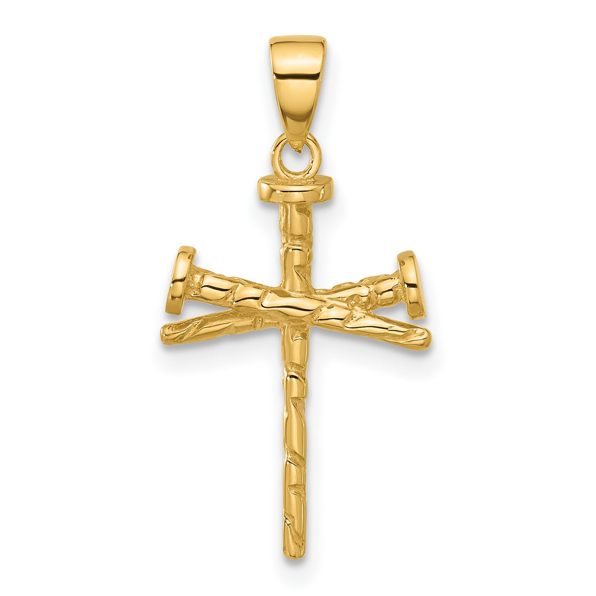 14k Yellow Gold Nail Cross Pendant with Textured Details, Rugged Religious Symbol for Men and Women