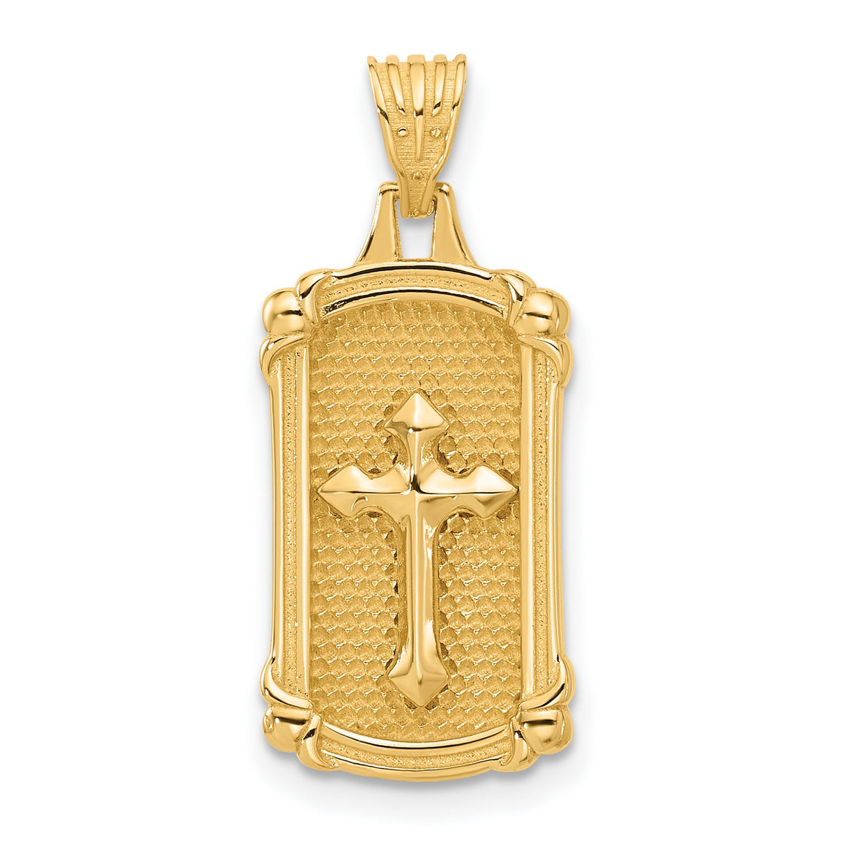 14k Yellow Gold Dog Tag Cross Pendant with Polished Textured Design