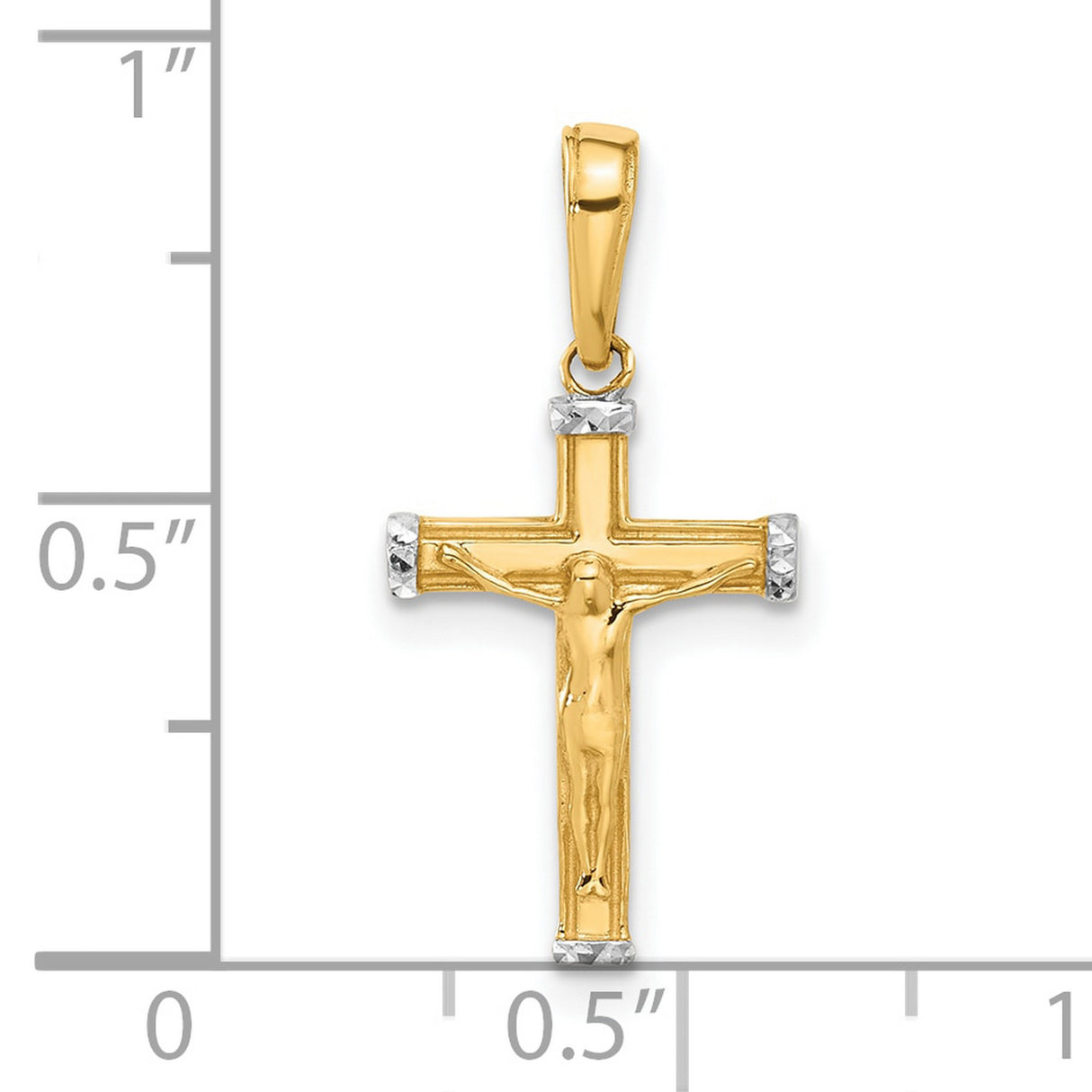 14k Multi-Tone Gold Crucifix Cross Pendant with Raised Jesus, Diamond Cut, Religious Charm