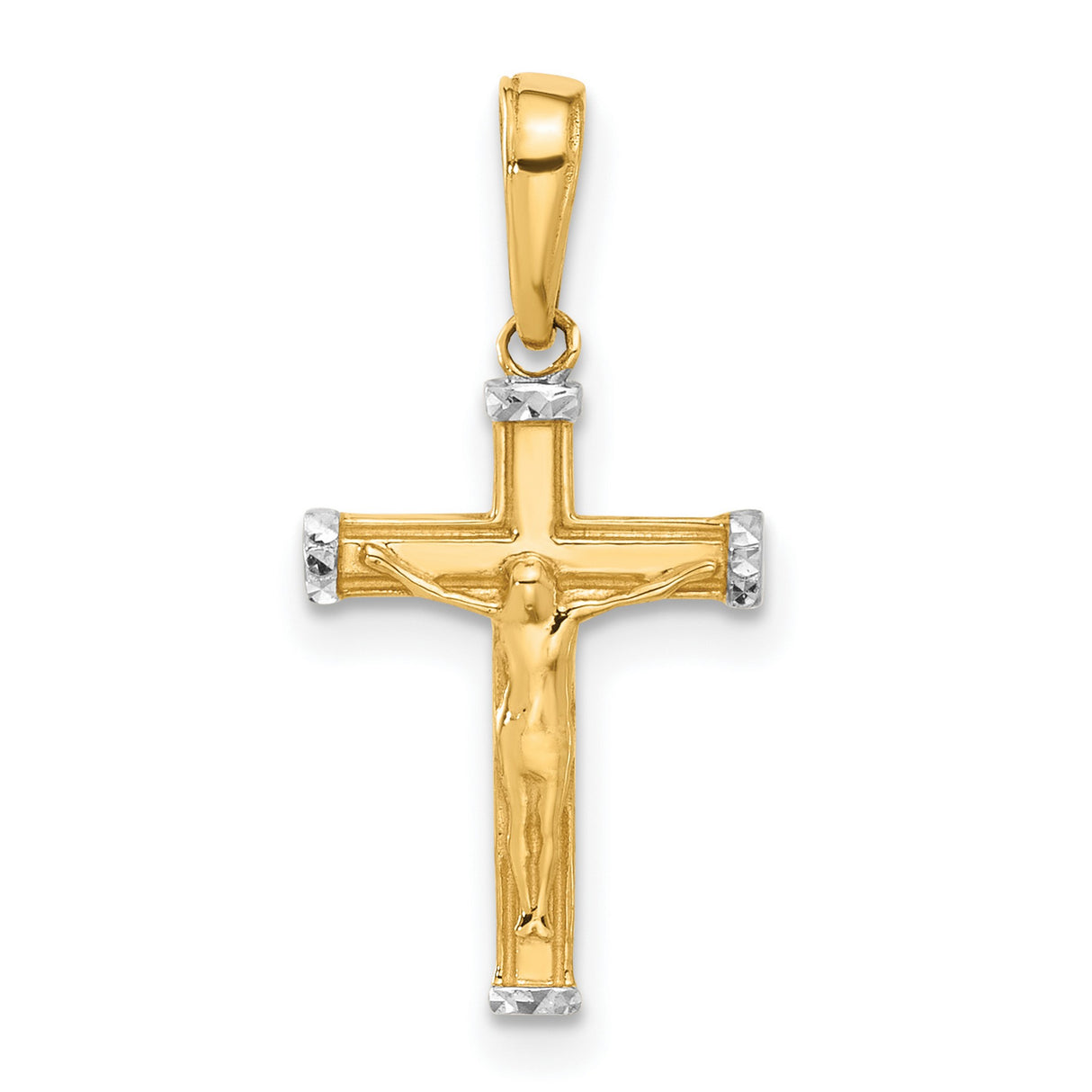 14k Multi-Tone Gold Crucifix Cross Pendant with Raised Jesus, Diamond Cut, Religious Charm