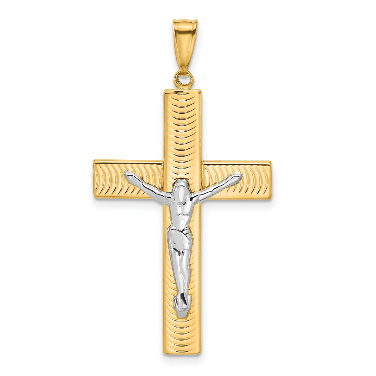 14k Two-Tone Gold Crucifix Pendant with Textured Dimensional Cross Design