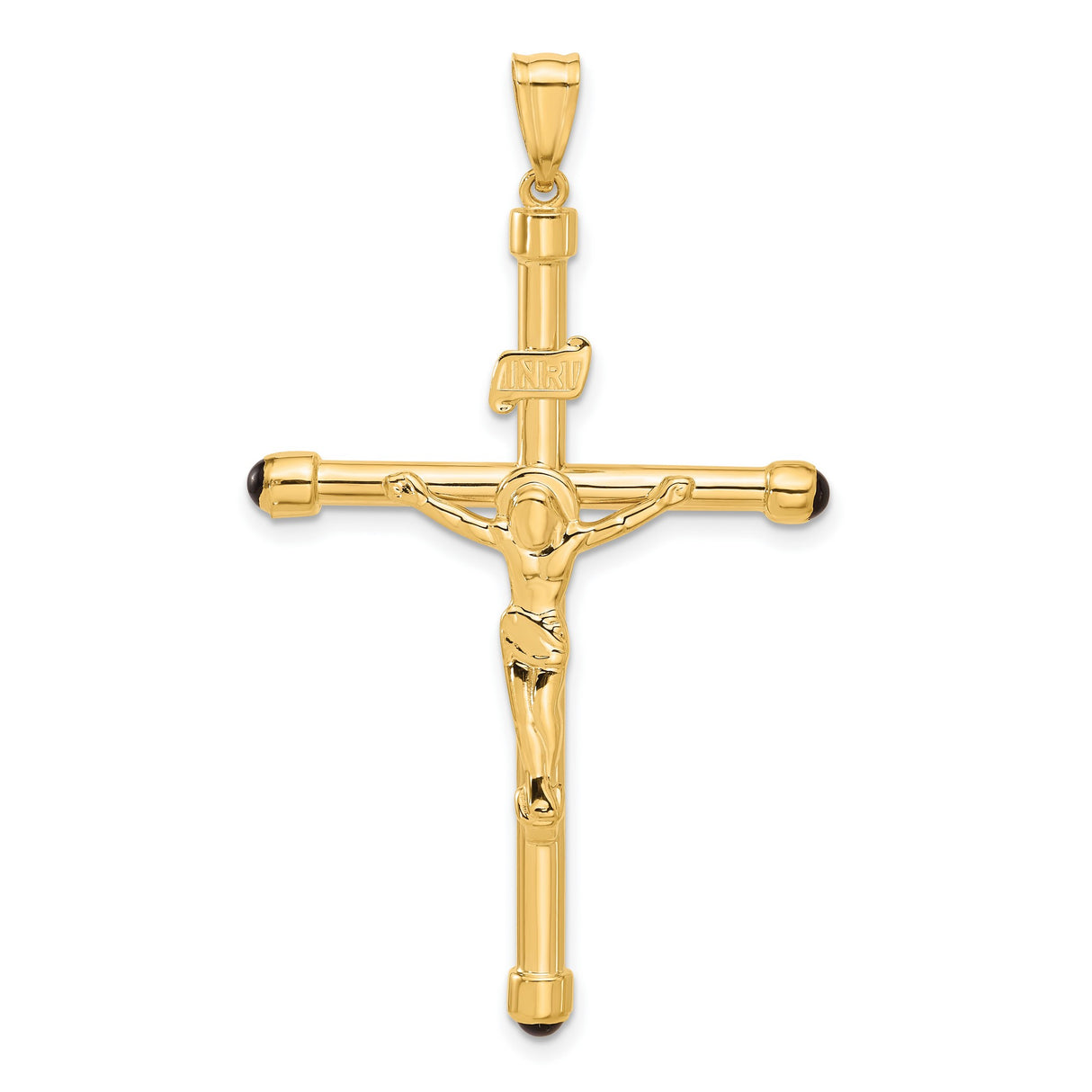 14k Yellow Gold Crucifix Pendant with Onyx and Jesus Figure, Religious Christian Jewelry