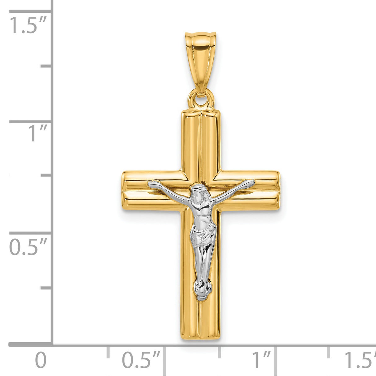 14k Two-Tone Gold Crucifix Pendant with Polished Beveled Cross and Textured Christ Figure