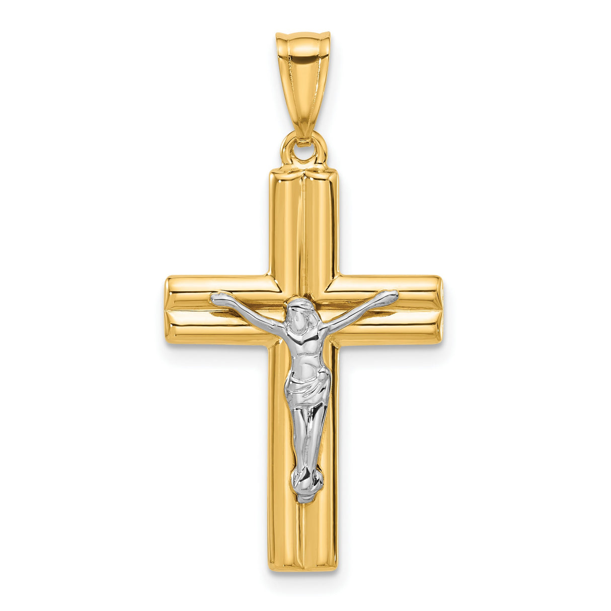 14k Two-Tone Gold Crucifix Pendant with Polished Beveled Cross and Textured Christ Figure