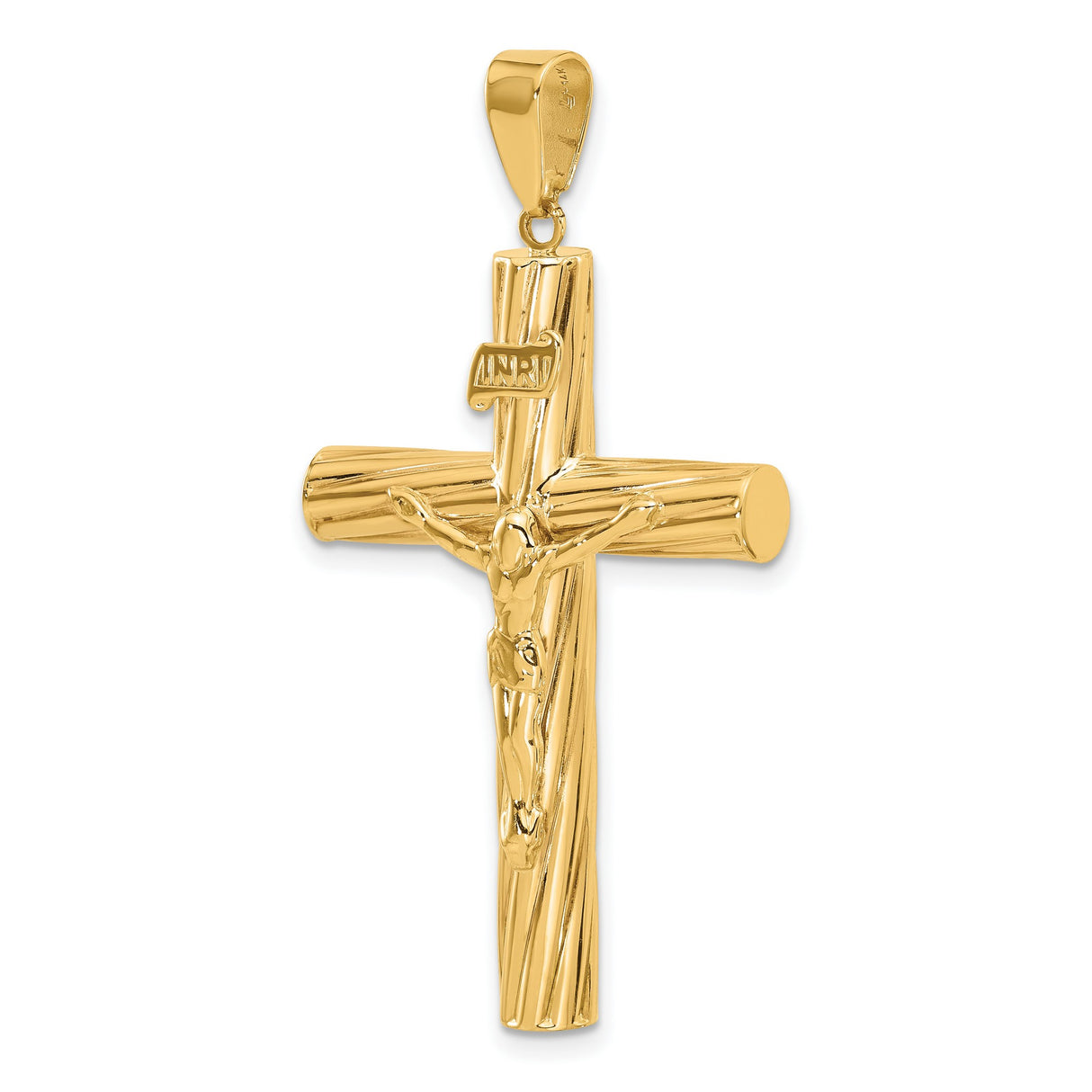14k Yellow Gold Crucifix Pendant with INRI Jesus Cross, Textured Religious Charm
