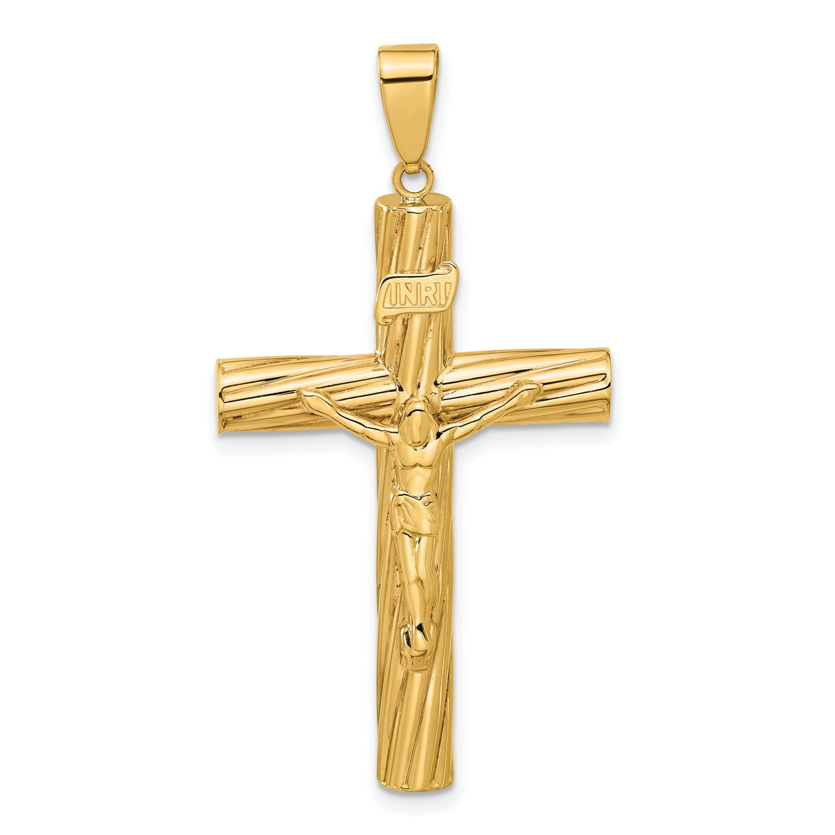 14k Yellow Gold Crucifix Pendant with INRI Jesus Cross, Textured Religious Charm