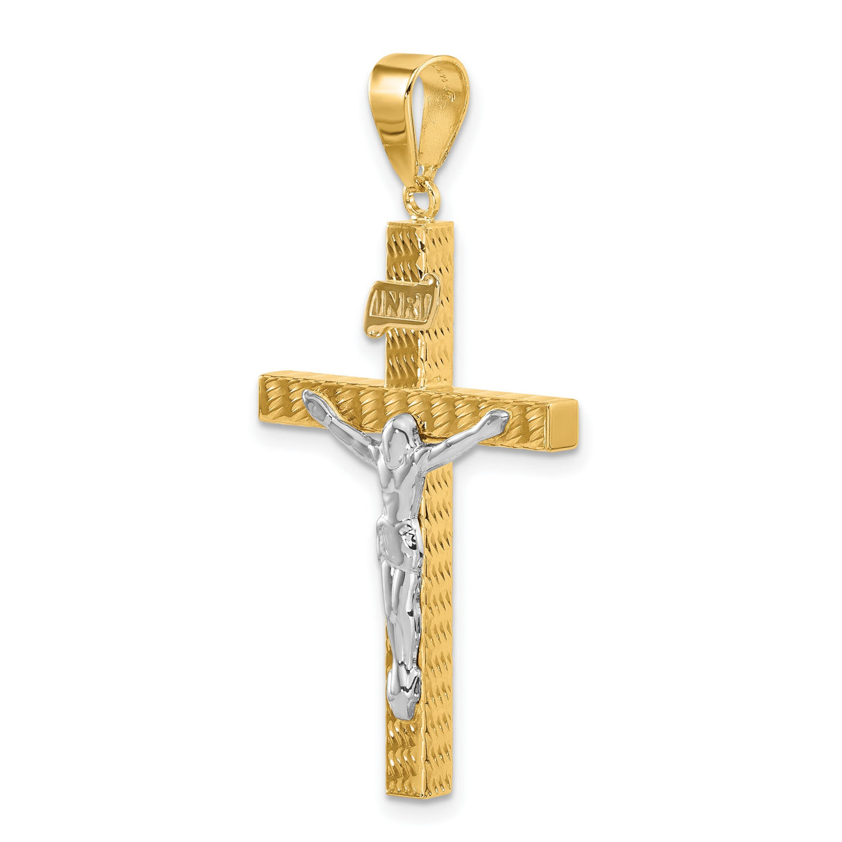 14k Two-Tone Gold Crucifix Cross Pendant with Jesus Figure and INRI Detailing