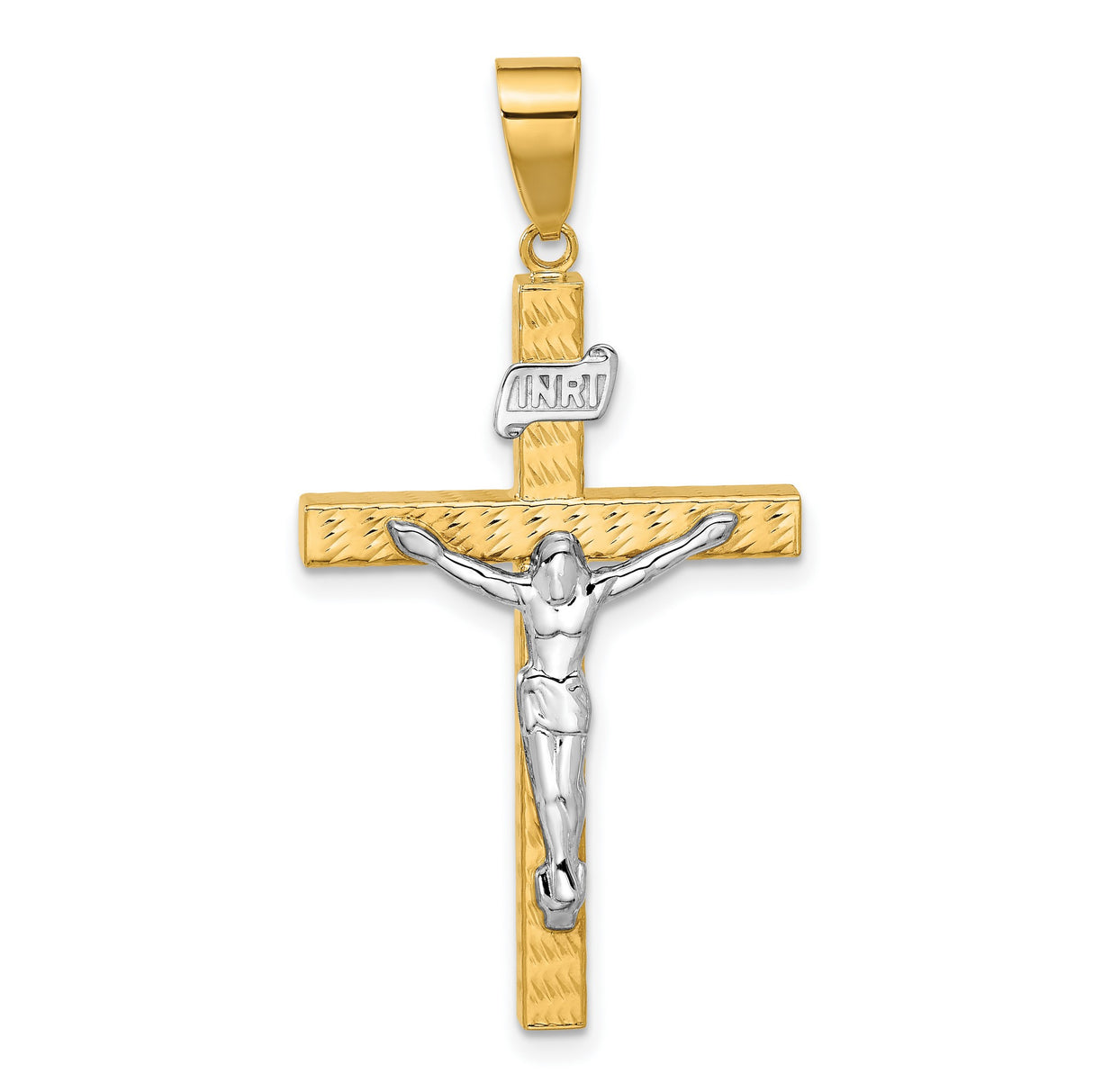 14k Two-Tone Gold Crucifix Cross Pendant with Jesus Figure and INRI Detailing