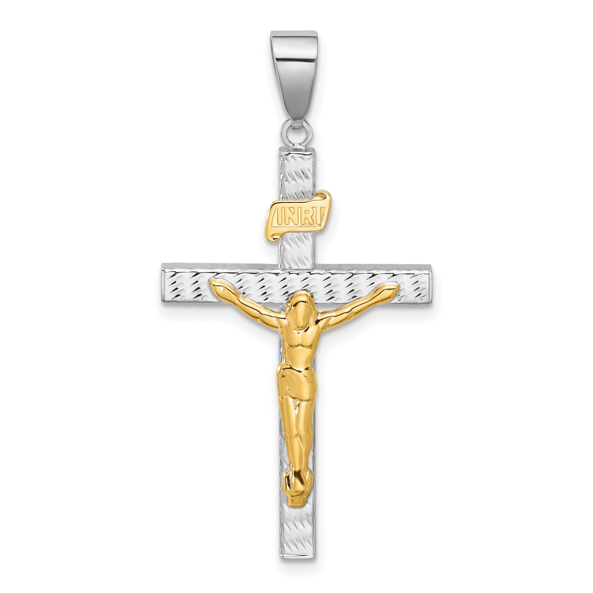 14k Two-Tone Gold Crucifix Cross Pendant, Diamond Cut INRI Religious Design