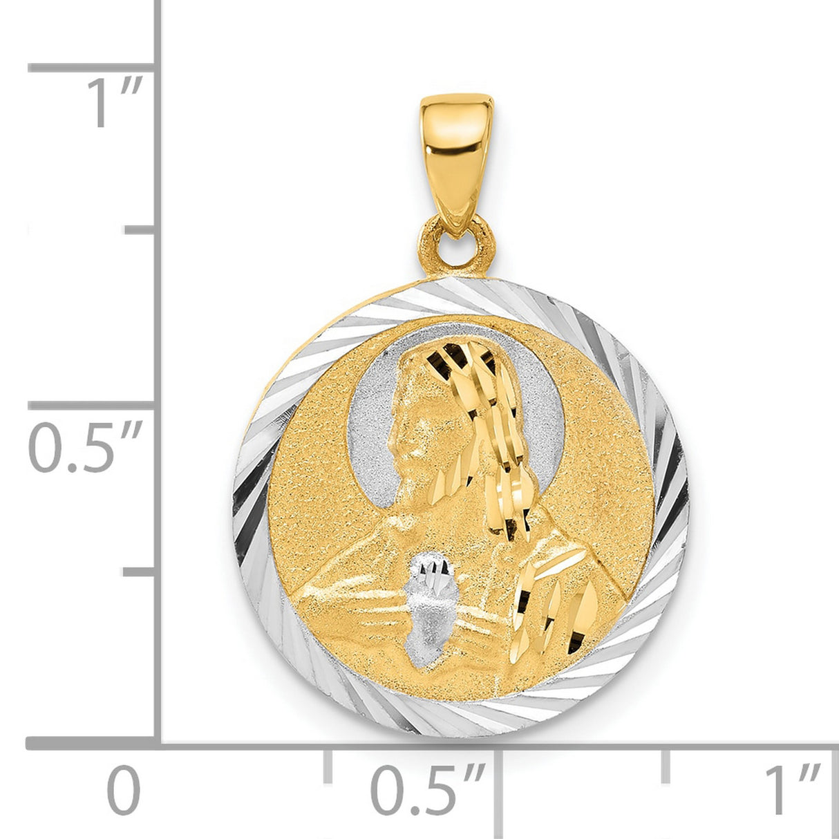 14k Two-Tone Gold Sacred Heart of Jesus Pendant, Textured Catholic Medal for Men or Women