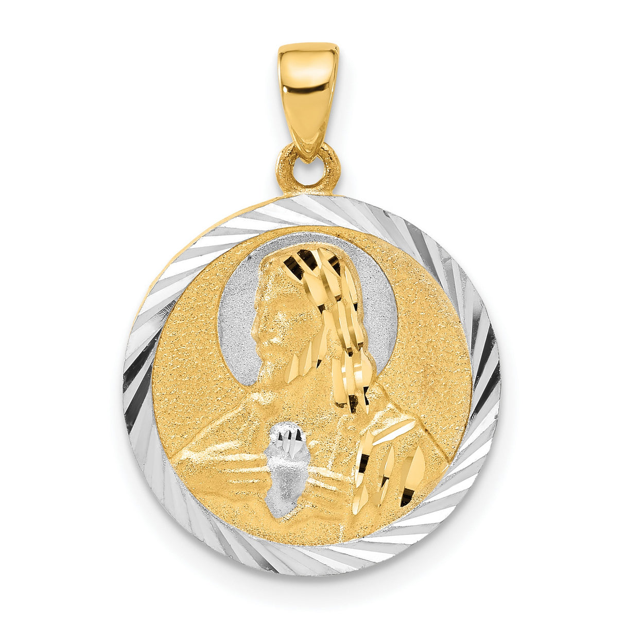 14k Two-Tone Gold Sacred Heart of Jesus Pendant, Textured Catholic Medal for Men or Women
