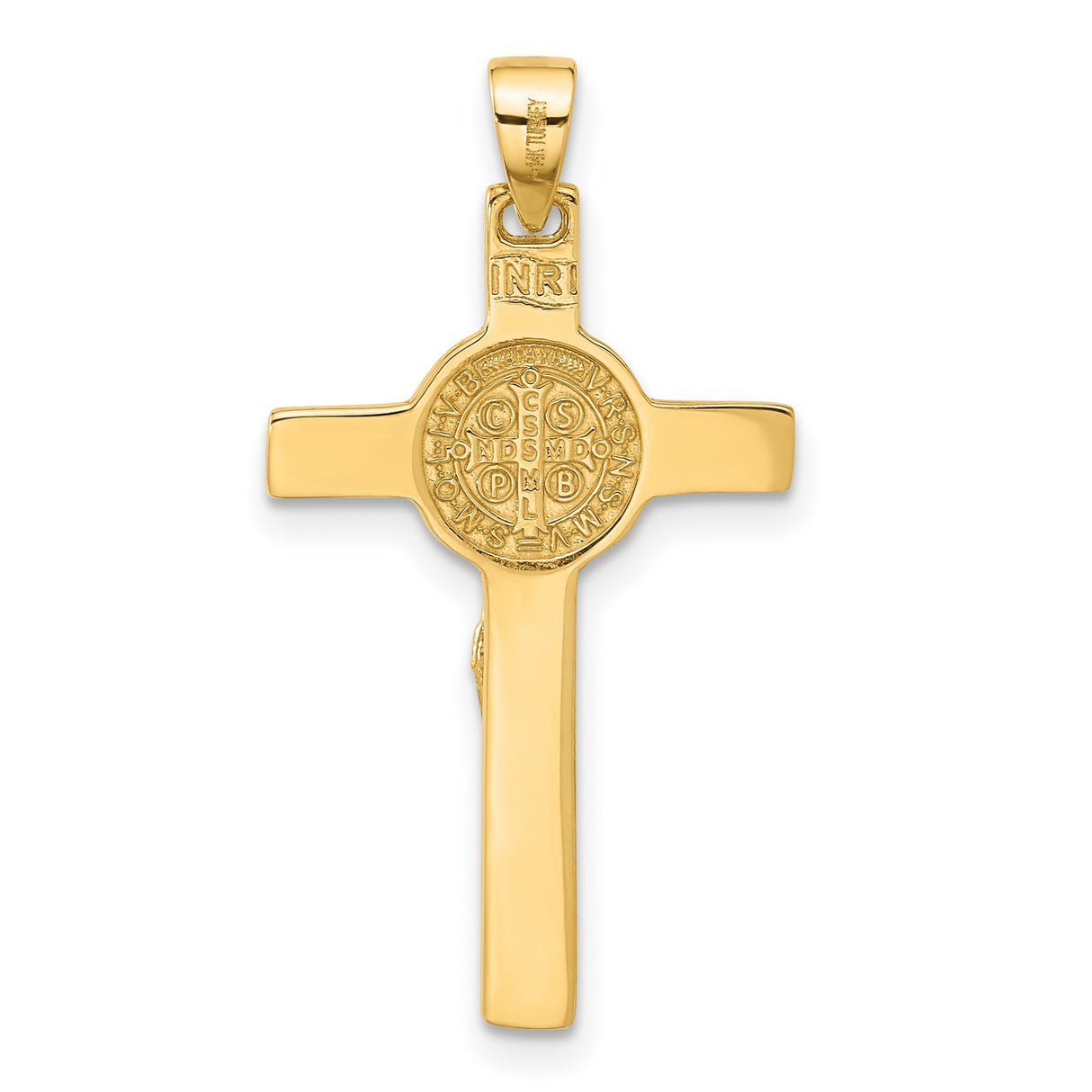 14k Yellow Gold Crucifix Cross Pendant with Christ Figure and Saint Benedict Medallion