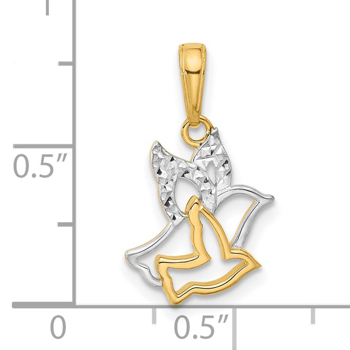14k Two-Tone Gold Dove Pendant, Textured Open Design with Rhodium Accents, Christian Symbol