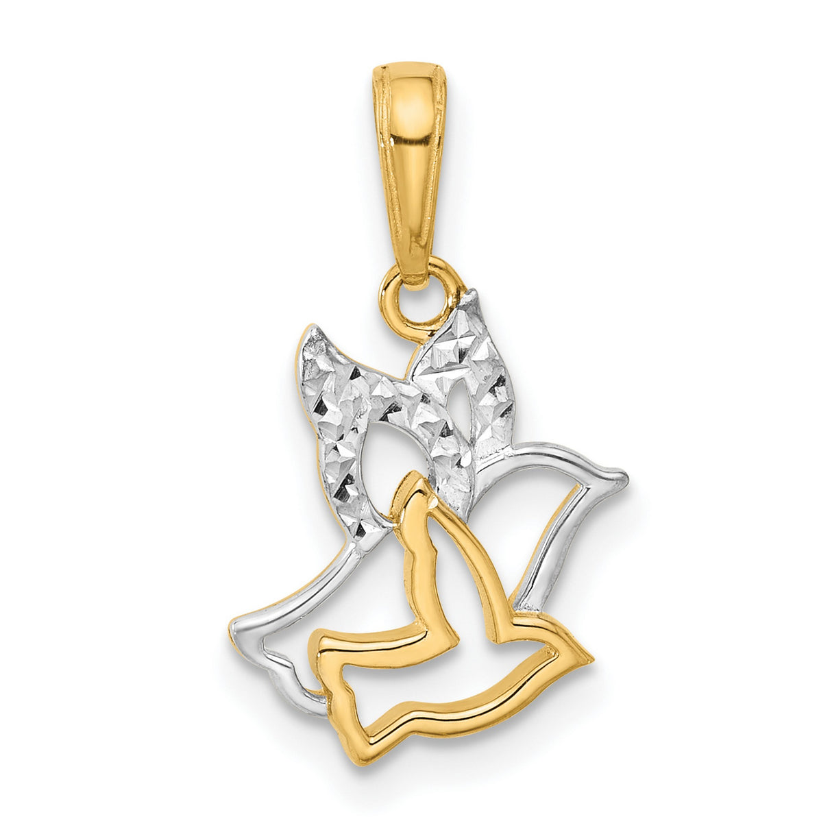 14k Two-Tone Gold Dove Pendant, Textured Open Design with Rhodium Accents, Christian Symbol
