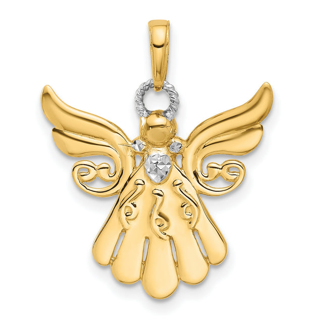14k Multi-Tone Gold Angel Pendant with Diamond Cut Wings, Religious Christian Symbol for Women