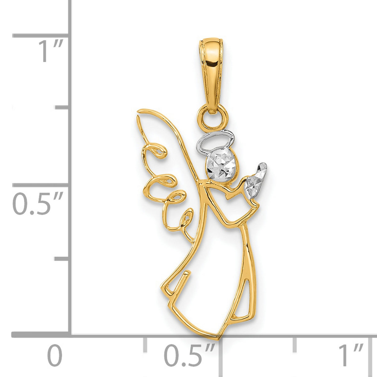 14k Multi-Tone Gold Angel Pendant with Halo and Wings, Rhodium Accents, Christian Symbol