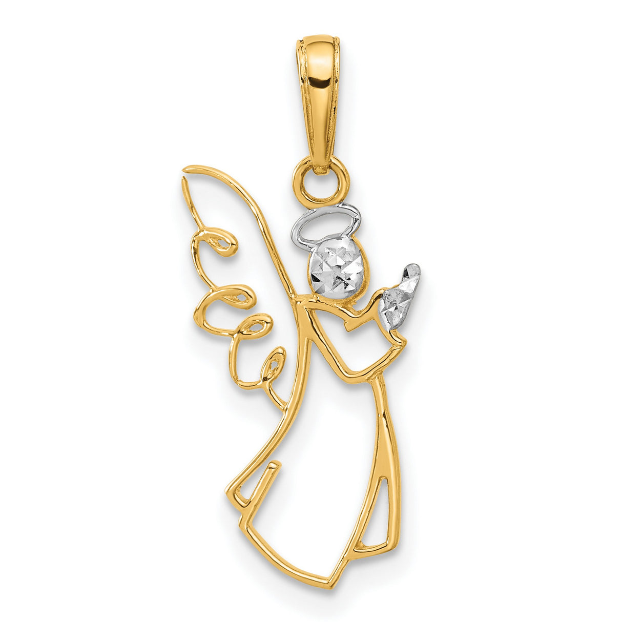 14k Multi-Tone Gold Angel Pendant with Halo and Wings, Rhodium Accents, Christian Symbol