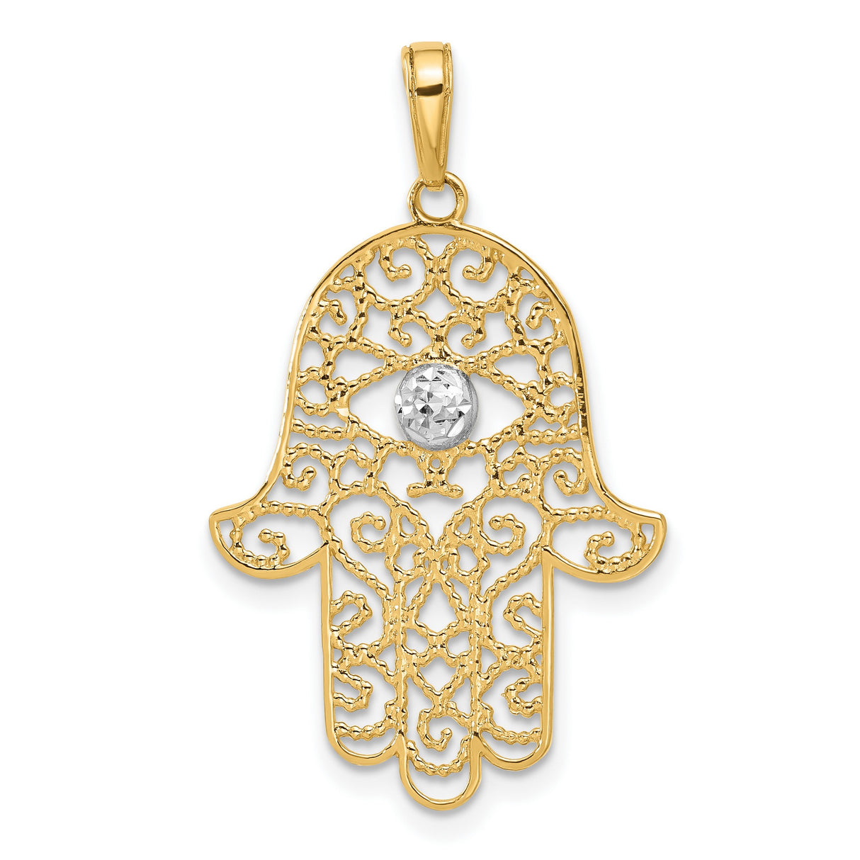 14k Multi-Tone Gold Hamsa Hand Pendant with Eye Symbol, Religious Charm for Women