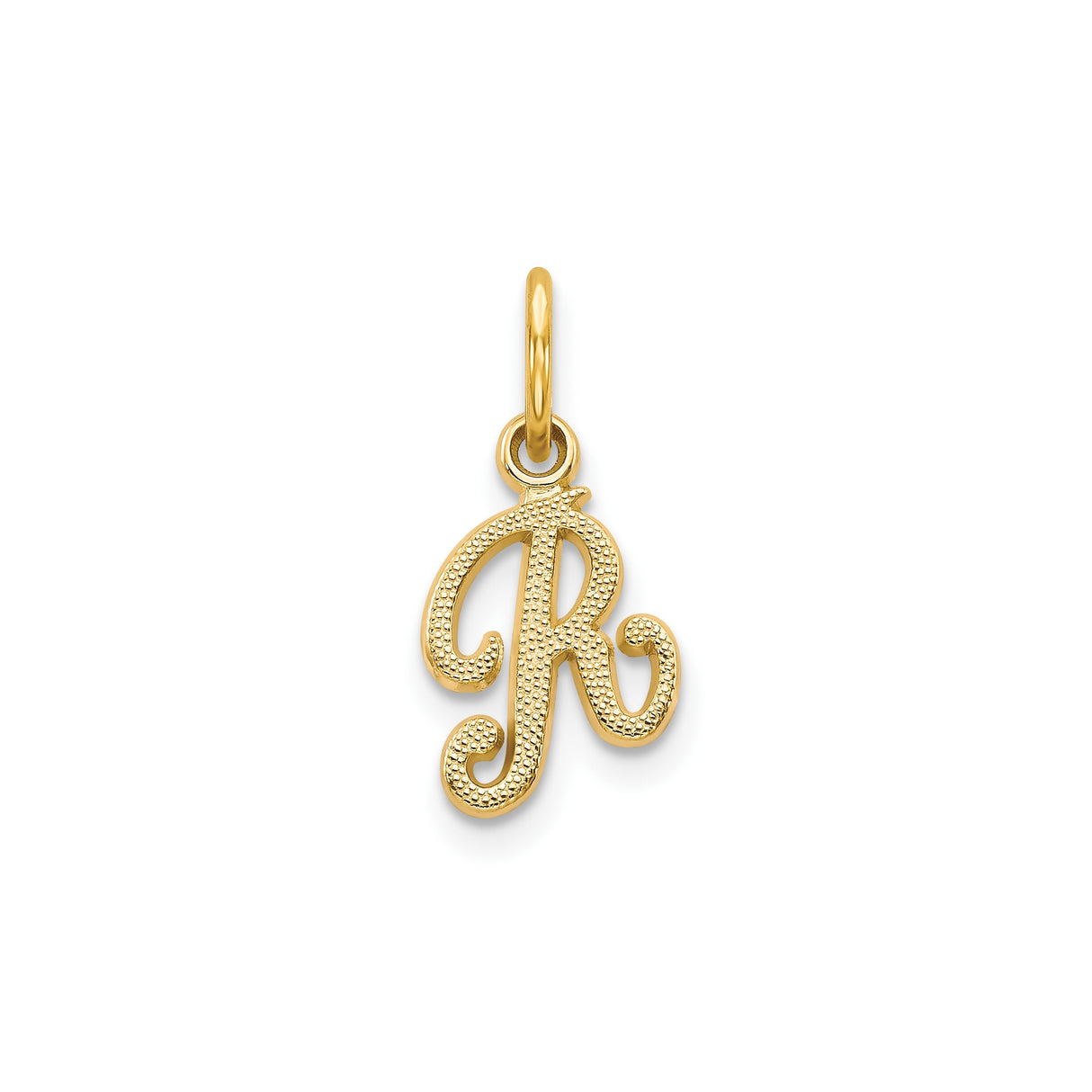 14k Yellow Gold Initial R Pendant, Textured Script Letter Charm for Women