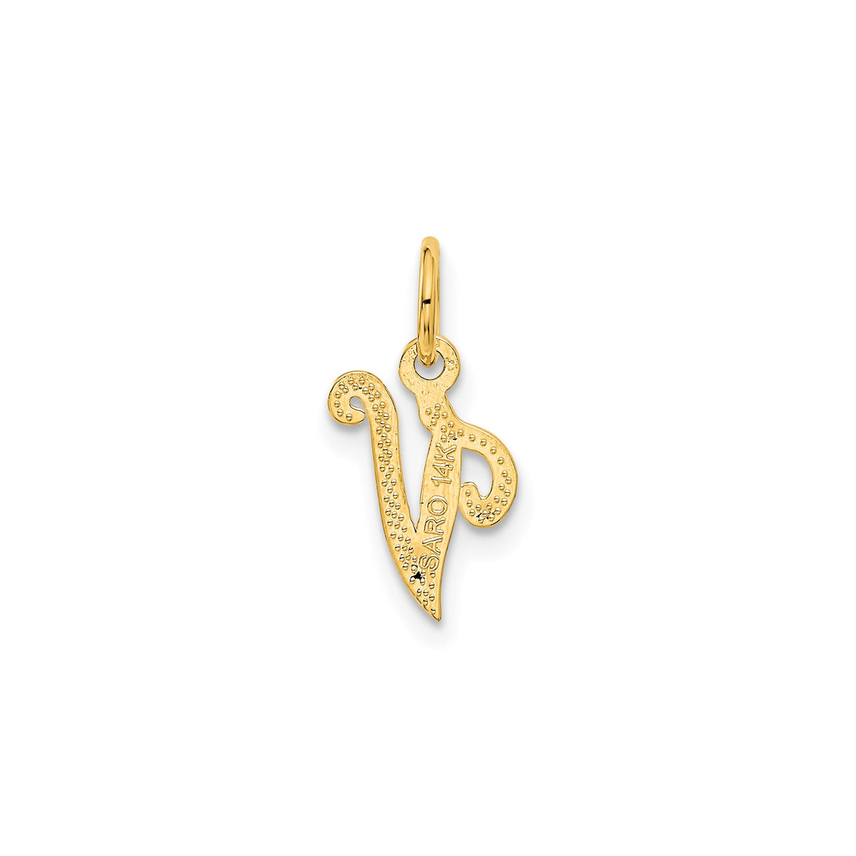 14k Yellow Gold V Initial Pendant, Script Letter Charm with Textured Design