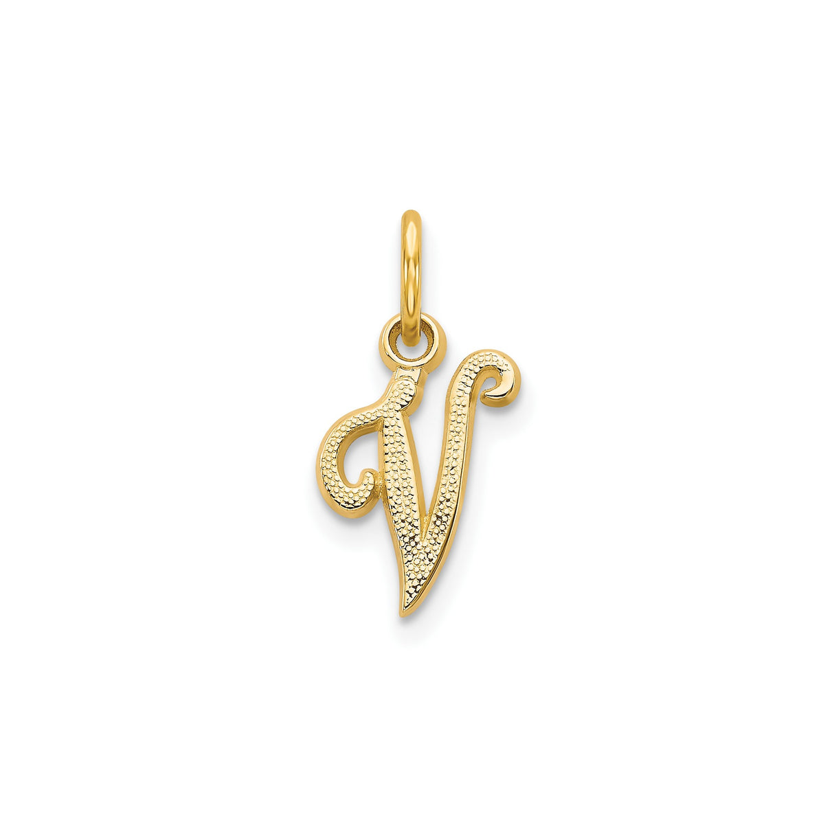14k Yellow Gold V Initial Pendant, Script Letter Charm with Textured Design