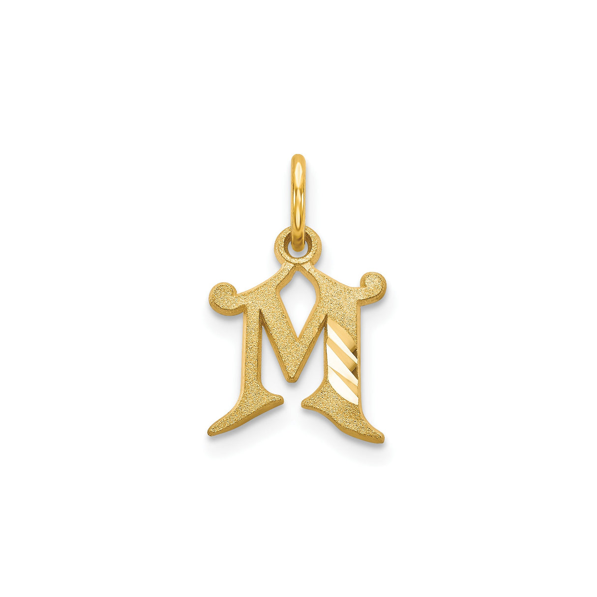 14k Yellow Gold Initial M Pendant, Textured Gothic Letter Charm for Women or Unisex Wear
