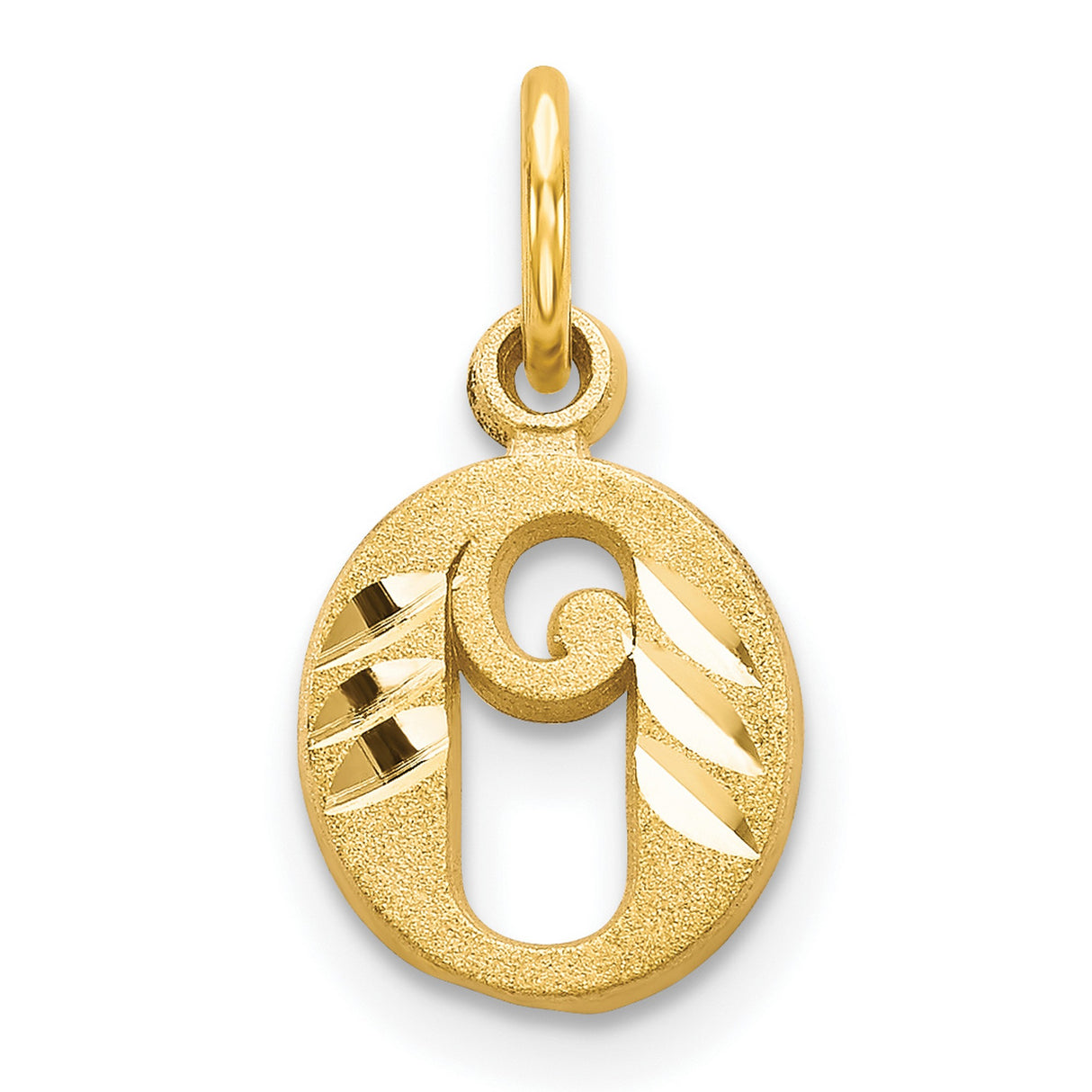 14k Yellow Gold Letter O Pendant Charm, Polished and Textured Diagonal Swirl Design