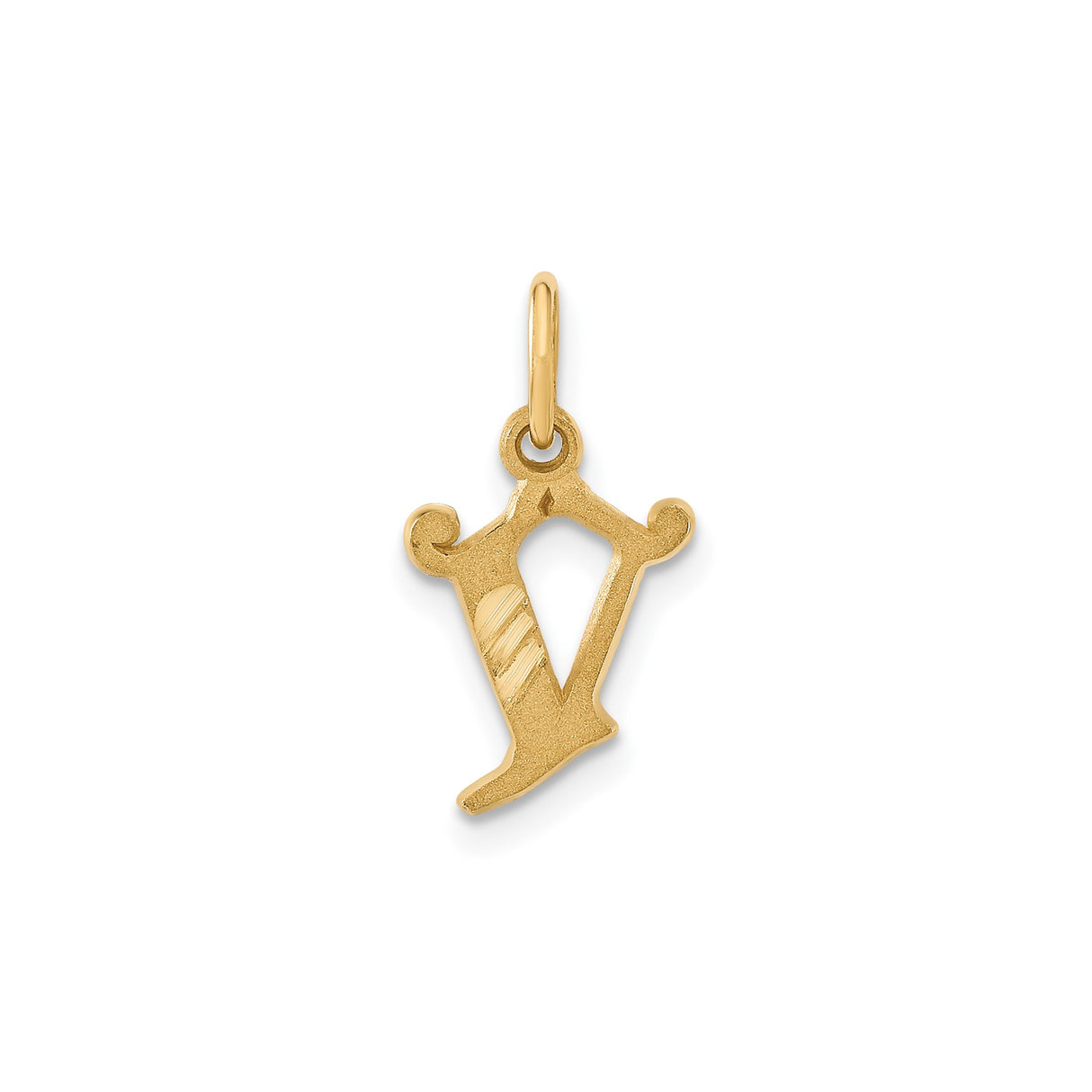 14k Yellow Gold V Pendant, Textured Old English Letter Charm, Classic Initial Jewelry for Women