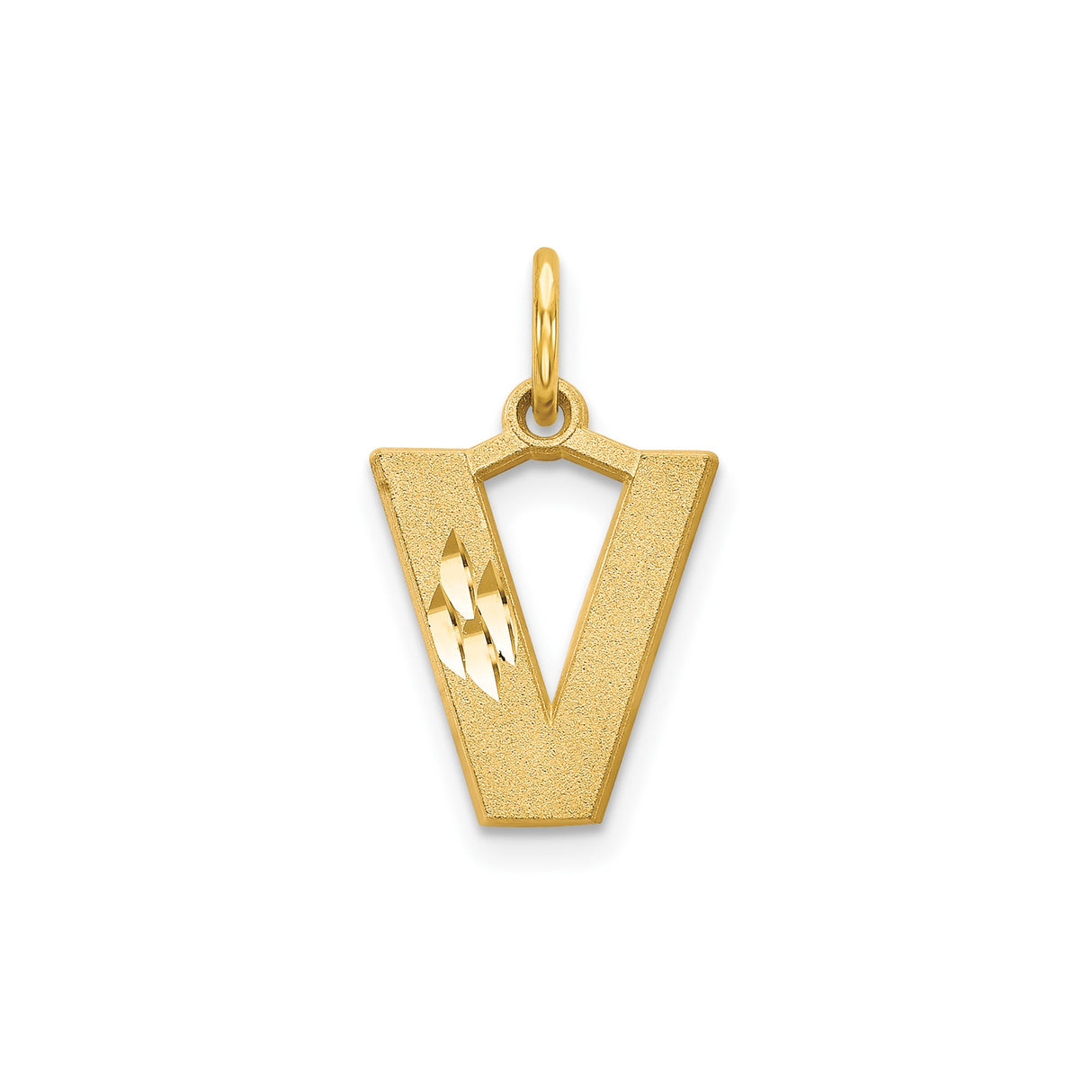 14k Yellow Gold Letter V Pendant, Textured Finish with Diamond Cut Details, Unisex Monogram Charm