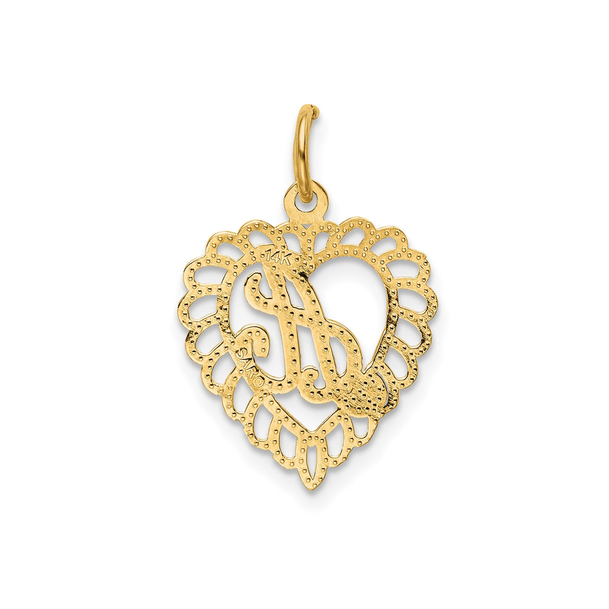14k Yellow Gold Heart Pendant with Script Letter A and Ornate Cutout Design