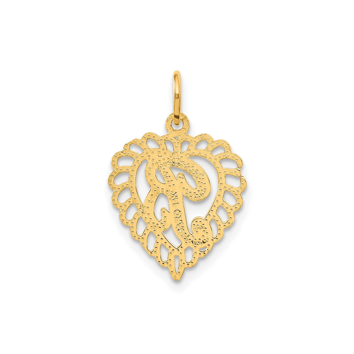 14k Yellow Gold Heart Pendant with Script Letter R, Scalloped Openwork Design