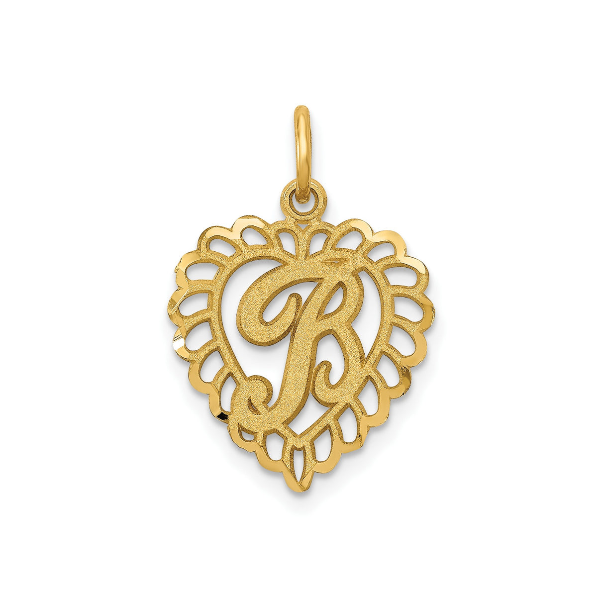 14k Yellow Gold Heart Pendant with Script Letter R, Scalloped Openwork Design