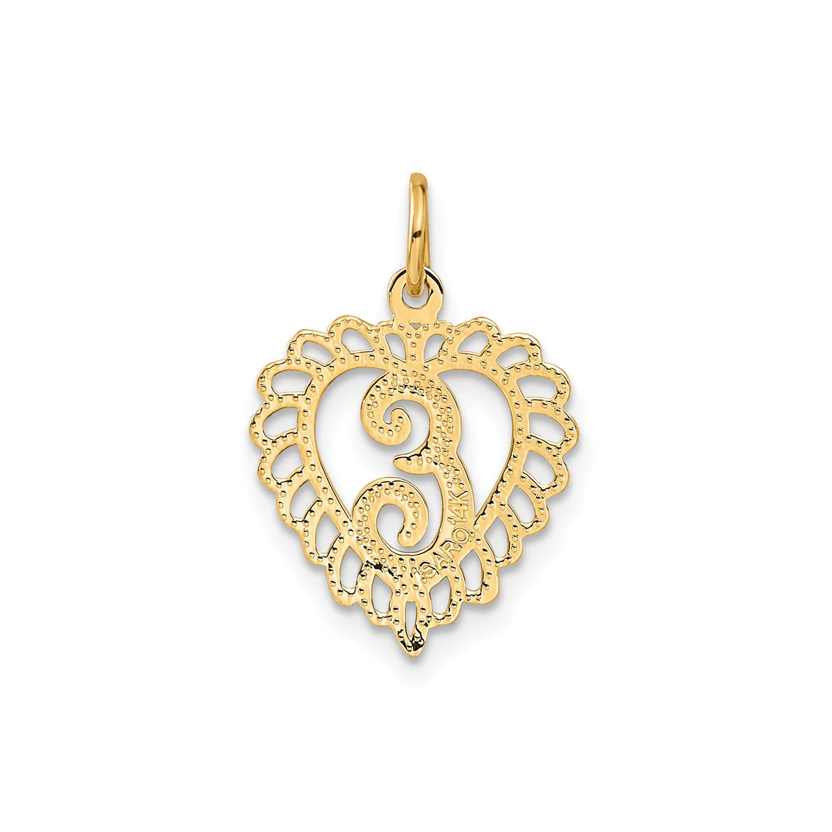 14k Yellow Gold Heart Pendant with Script Letter E and Filigree Border Design