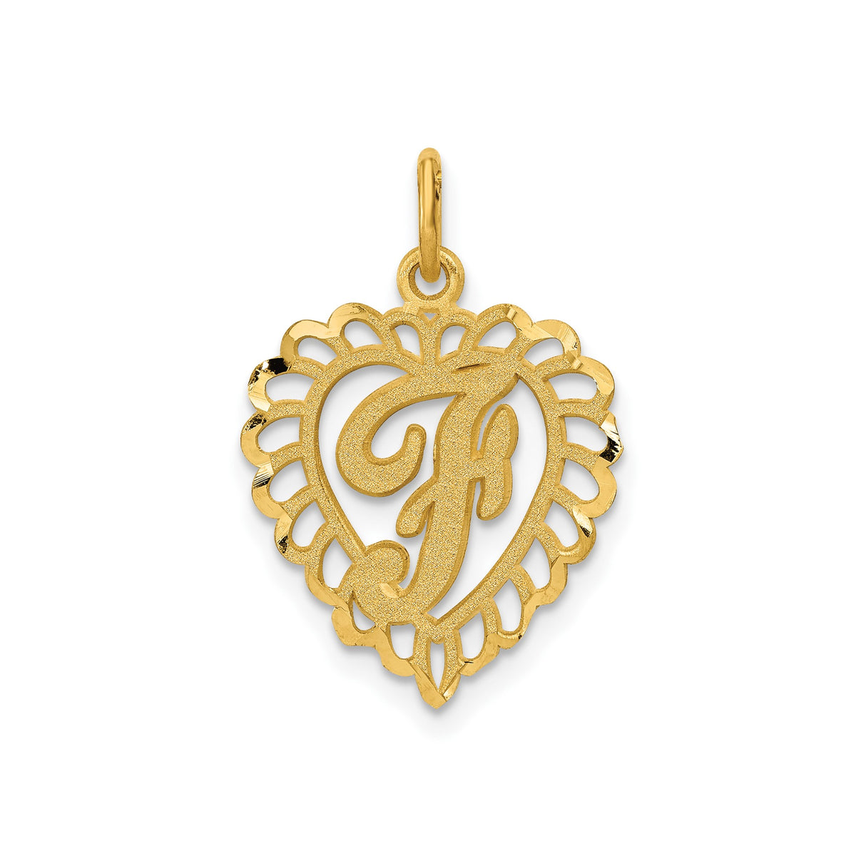 14k Yellow Gold Heart Pendant with Textured Script F Initial and Scalloped Filigree Border