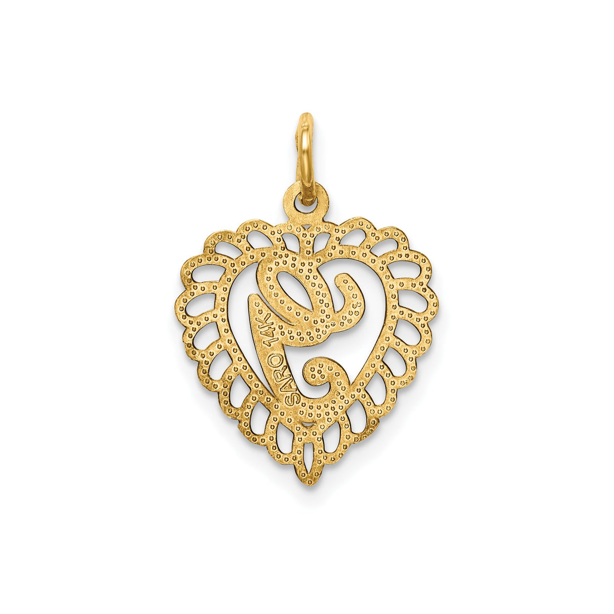 14k Yellow Gold Heart Pendant with Letter G Script and Openwork Border Design