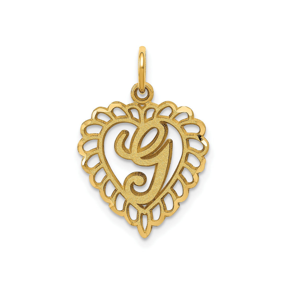 14k Yellow Gold Heart Pendant with Letter G Script and Openwork Border Design