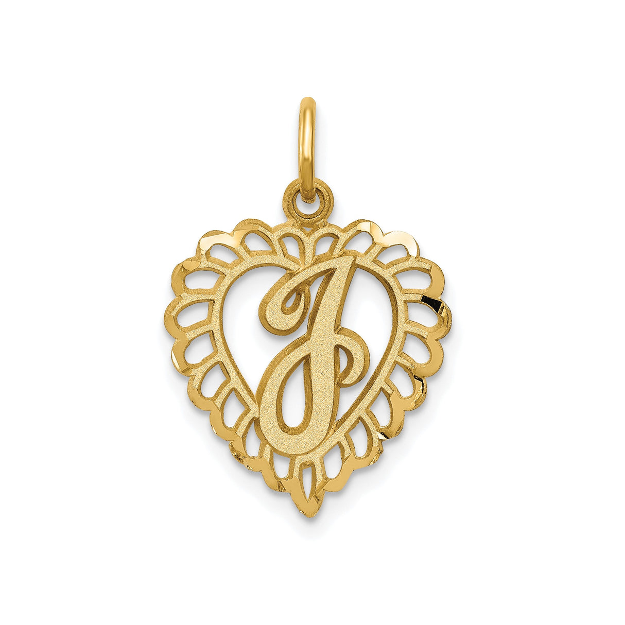 14k Yellow Gold Heart Pendant with Script Letter J and Scalloped Border