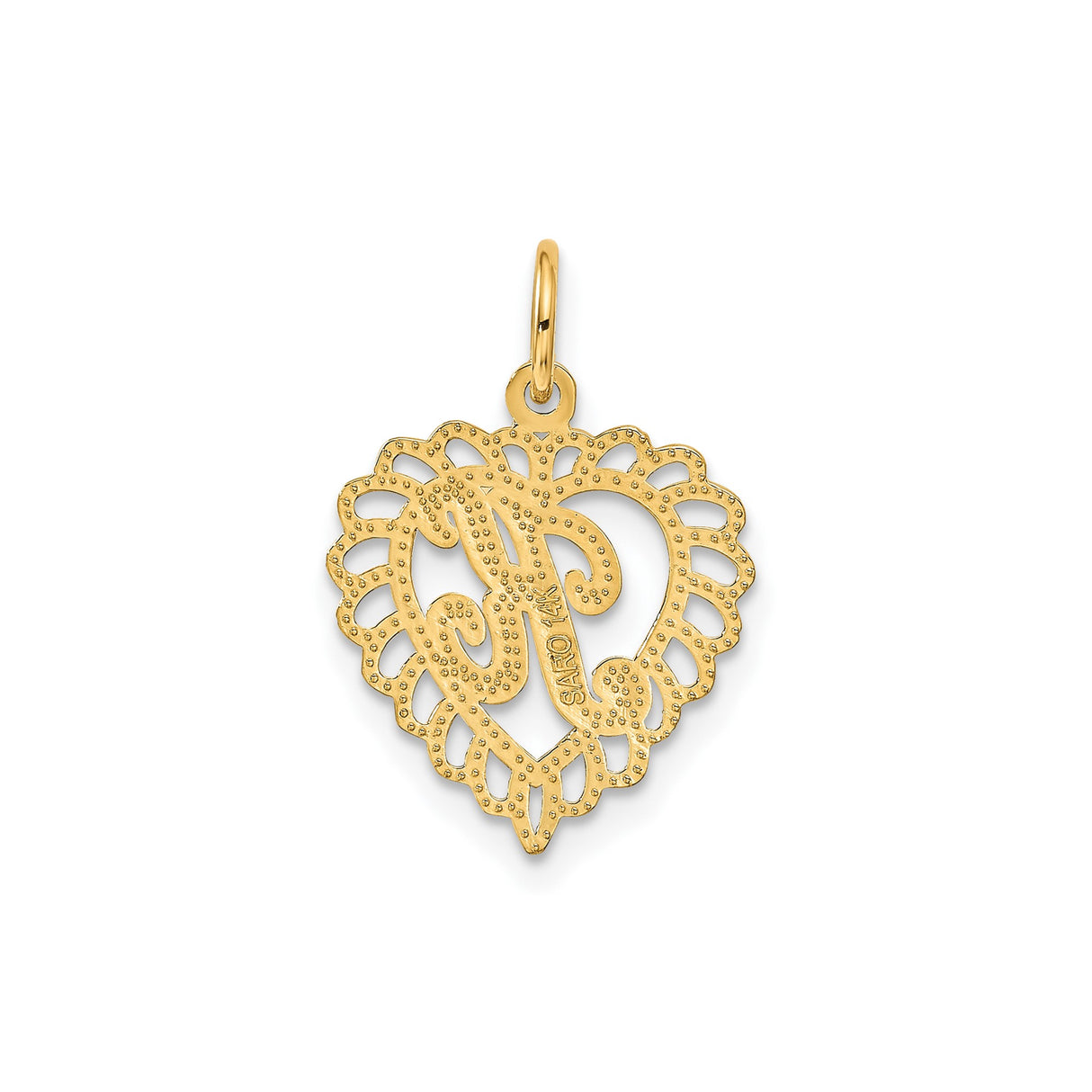 14k Yellow Gold Heart Pendant with Ornate Cutout Design and Script Letter R Charm