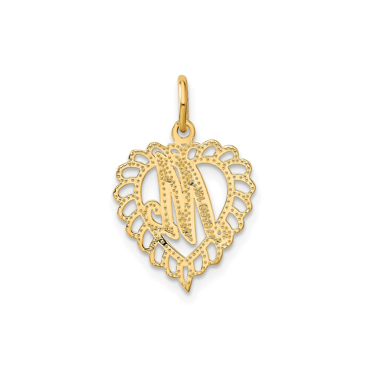 14k Yellow Gold Heart Pendant with Script M Initial and Filigree Border