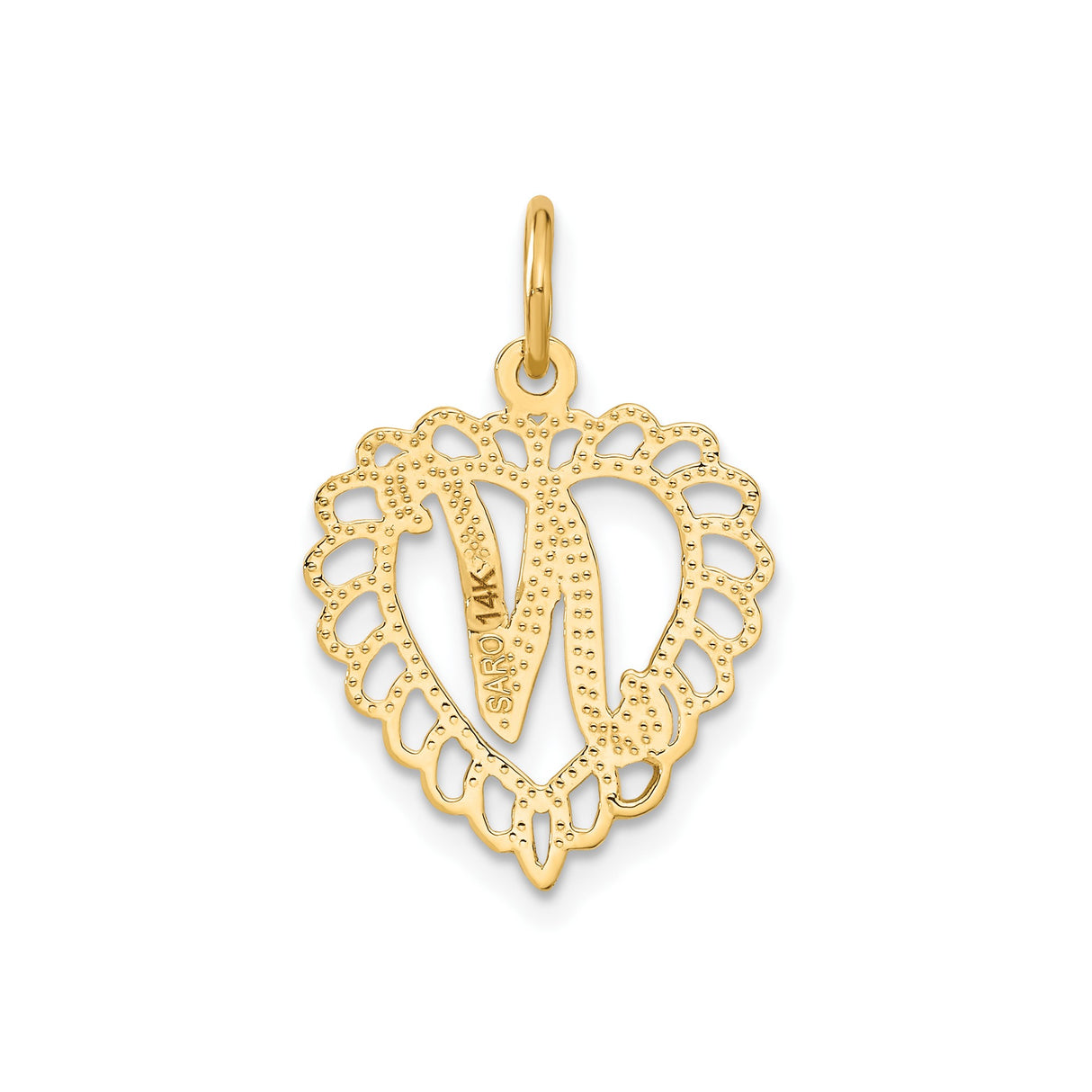 14k Yellow Gold Heart Pendant with Script Letter N and Scalloped Edge Design
