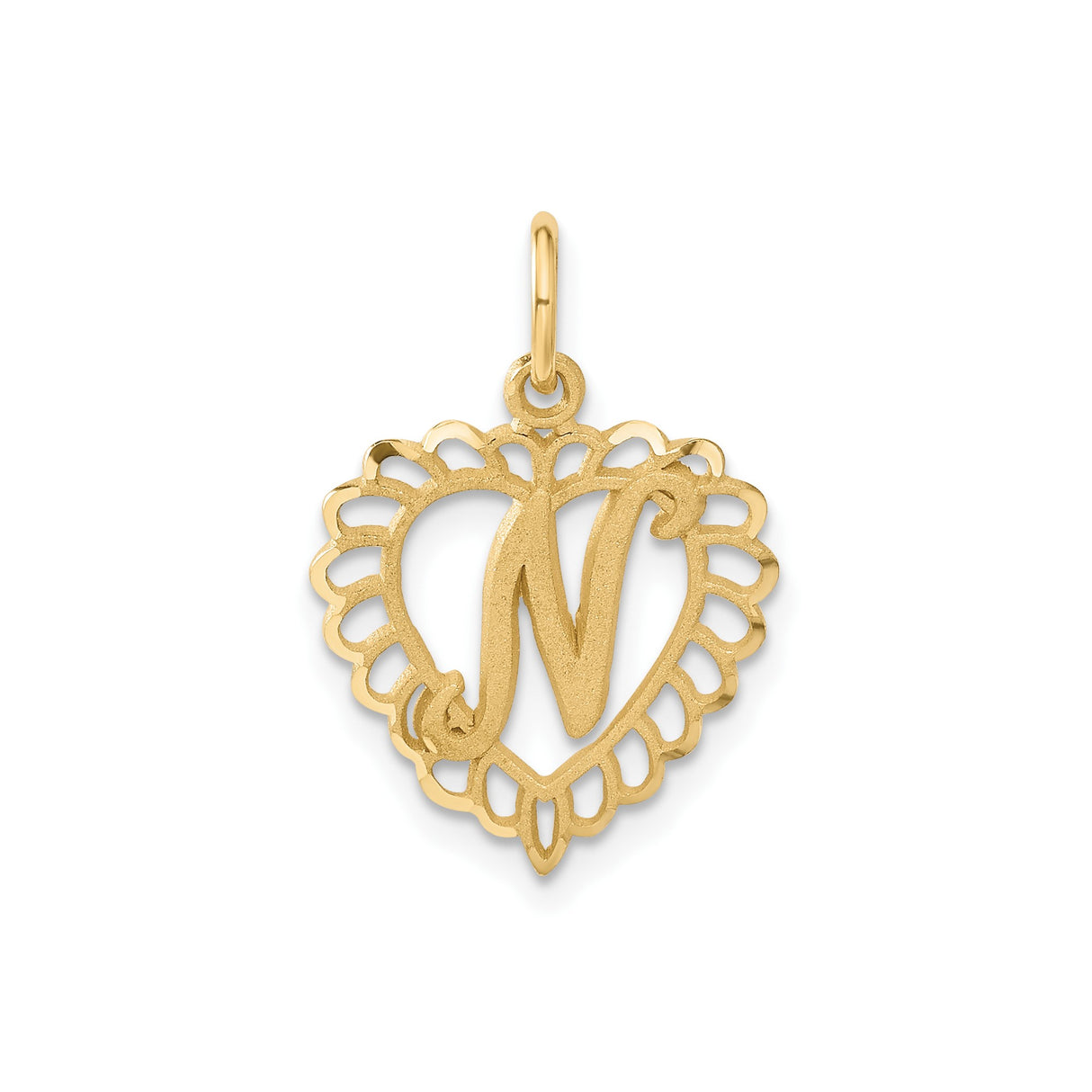 14k Yellow Gold Heart Pendant with Script Letter N and Scalloped Edge Design