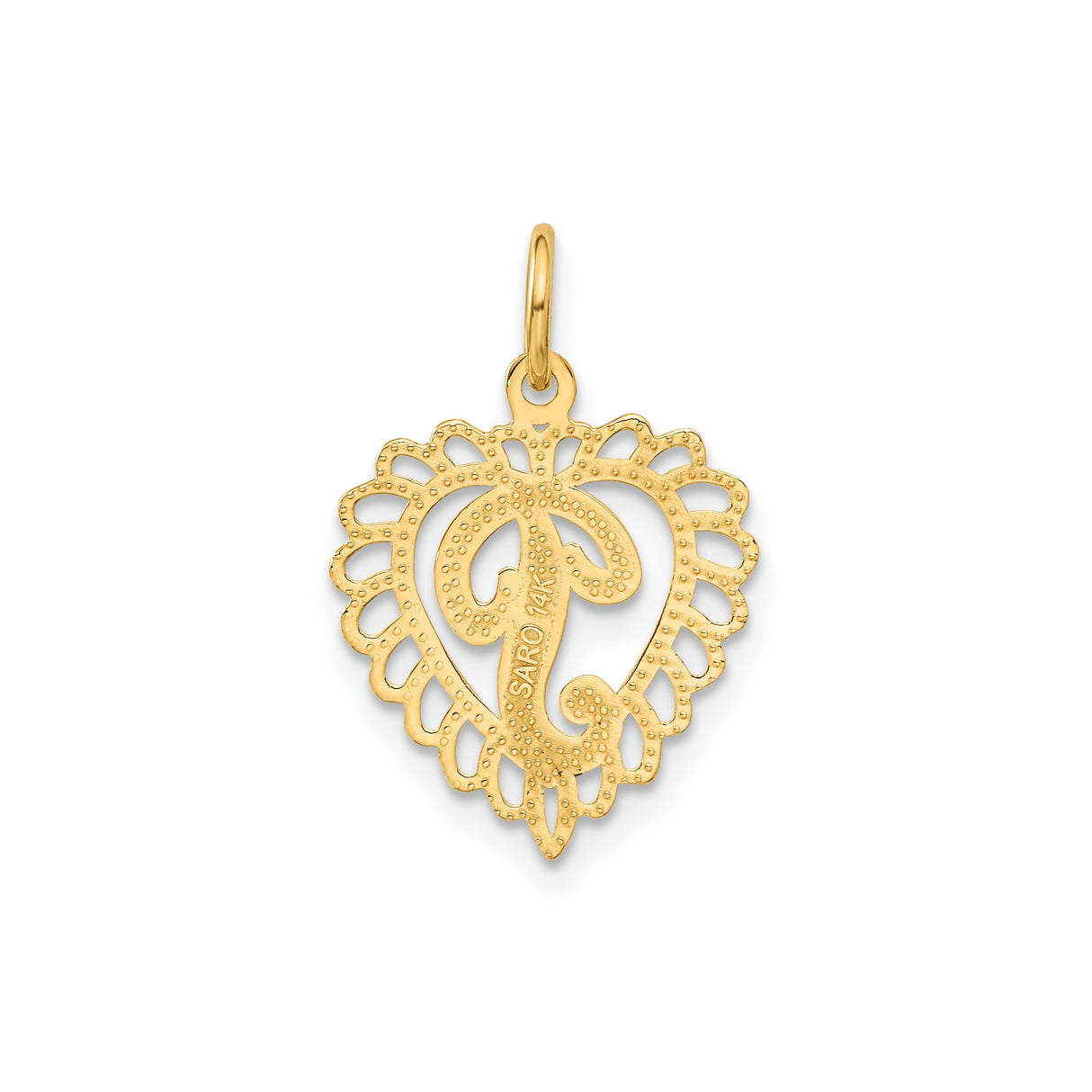 14k Yellow Gold Heart Pendant with Script Letter P and Cutout Border Design