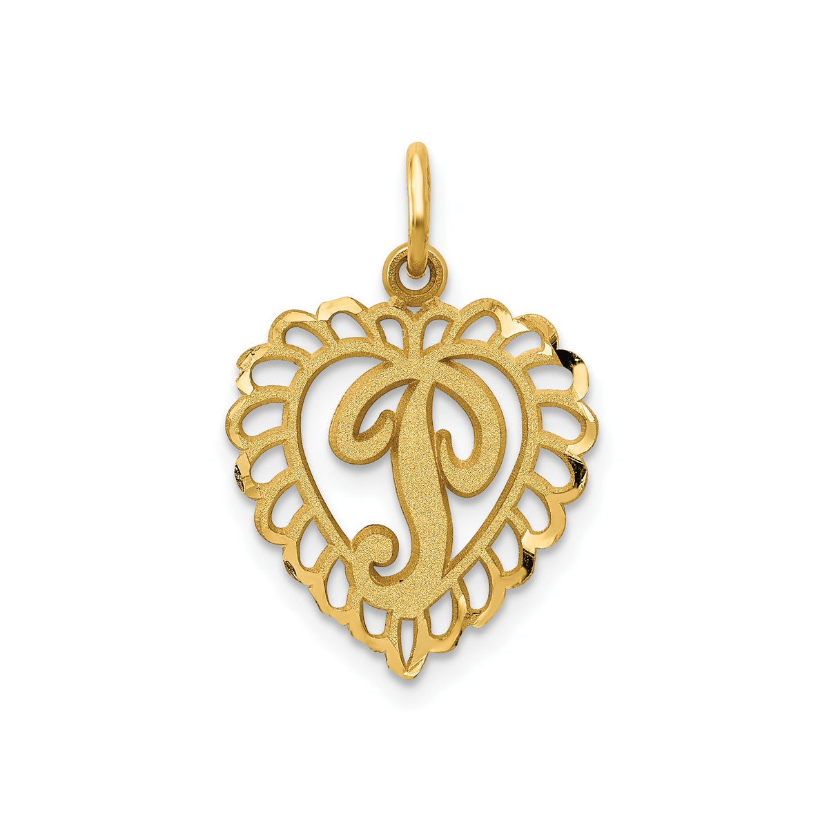 14k Yellow Gold Heart Pendant with Script Letter P and Cutout Border Design