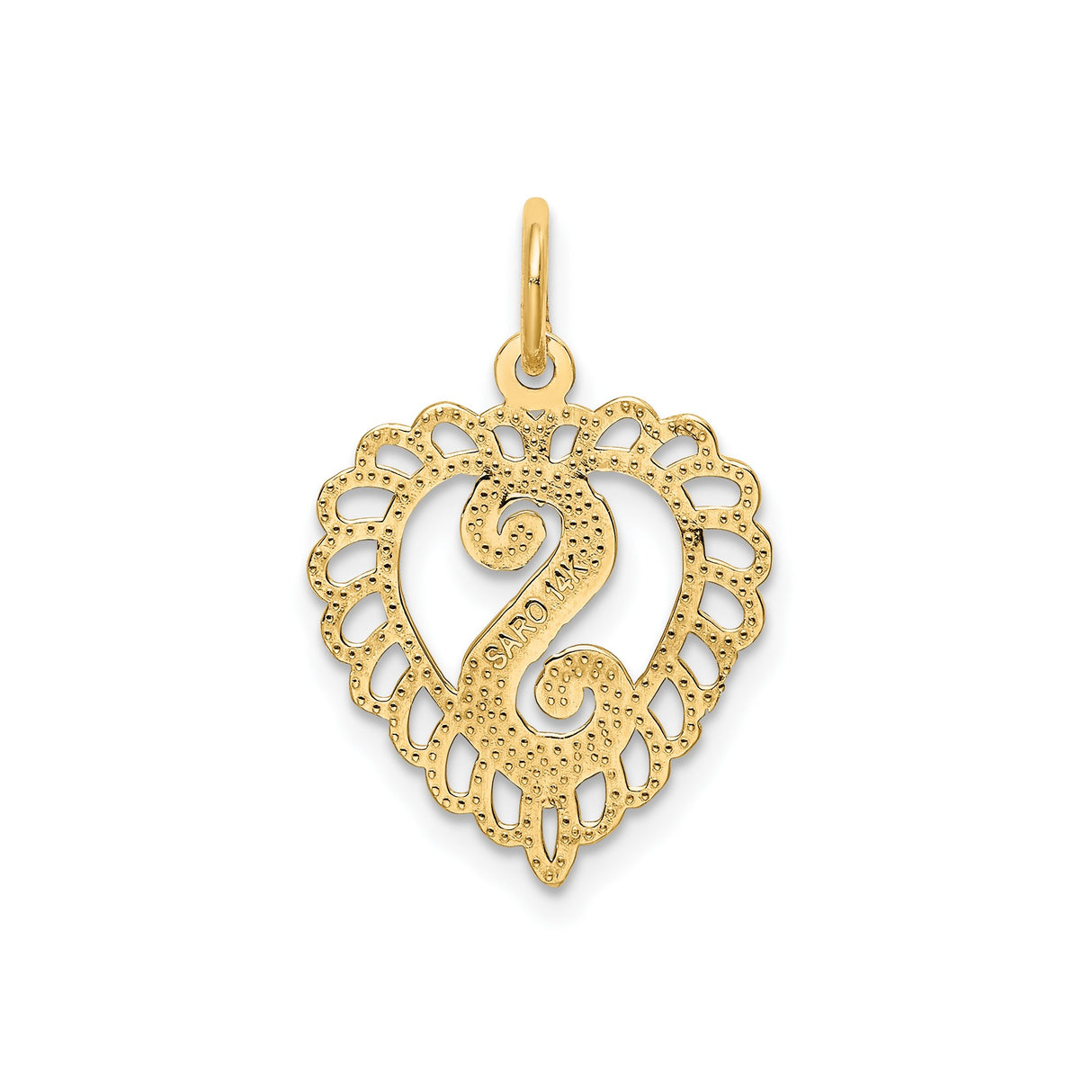 14k Yellow Gold Heart Pendant with Raised Letter S and Ornate Cutout Design